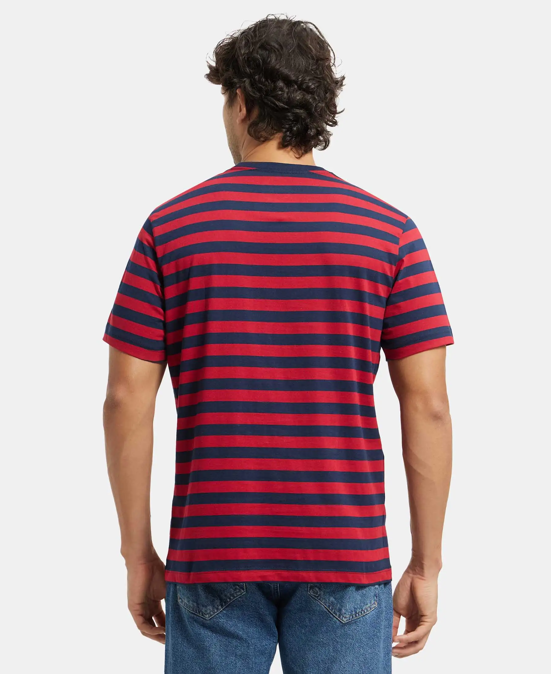 Super Combed Cotton Rich Striped Round Neck Half Sleeve T-Shirt - Navy & Shanghai Red - Image 3