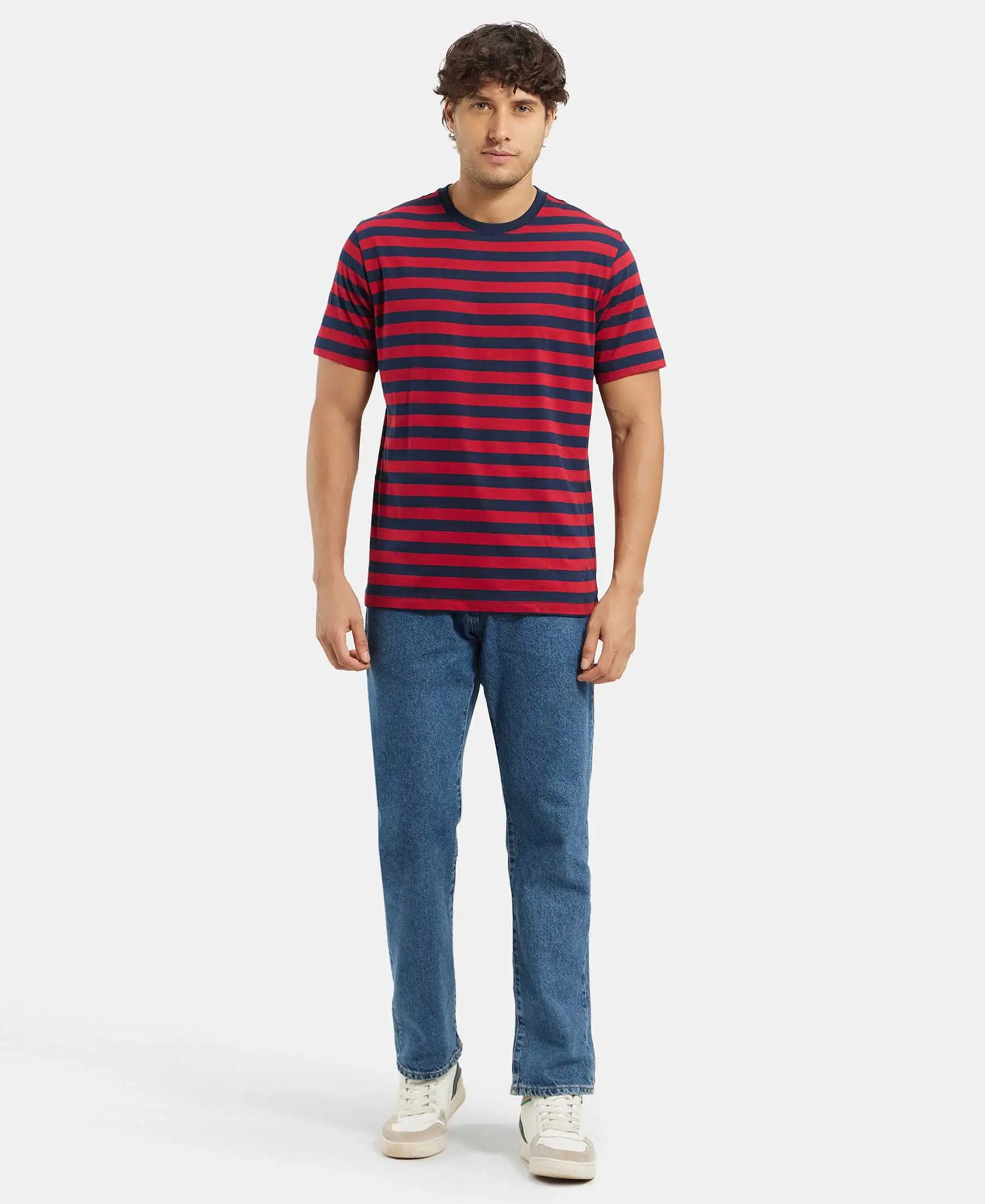 Super Combed Cotton Rich Striped Round Neck Half Sleeve T-Shirt - Navy & Shanghai Red - Image 4