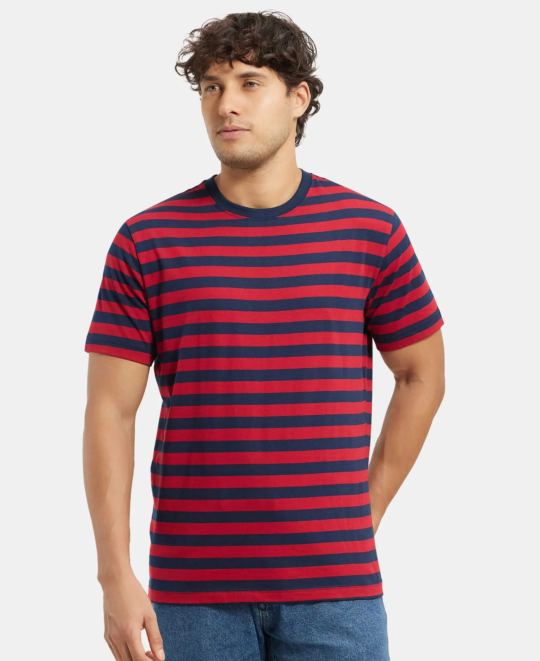 Super Combed Cotton Rich Striped Round Neck Half Sleeve T-Shirt - Navy & Shanghai Red - Image 5