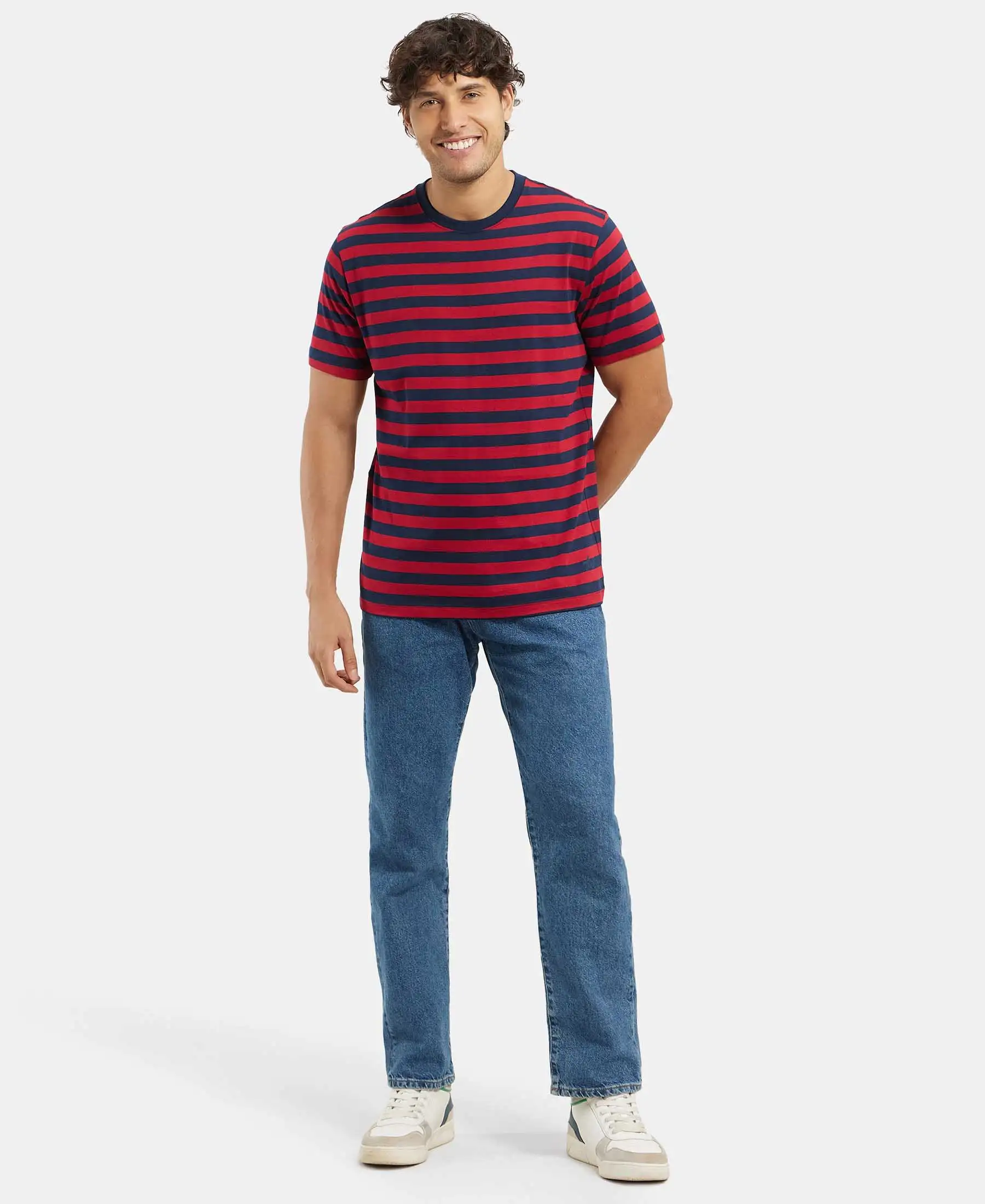 Super Combed Cotton Rich Striped Round Neck Half Sleeve T-Shirt - Navy & Shanghai Red - Image 6