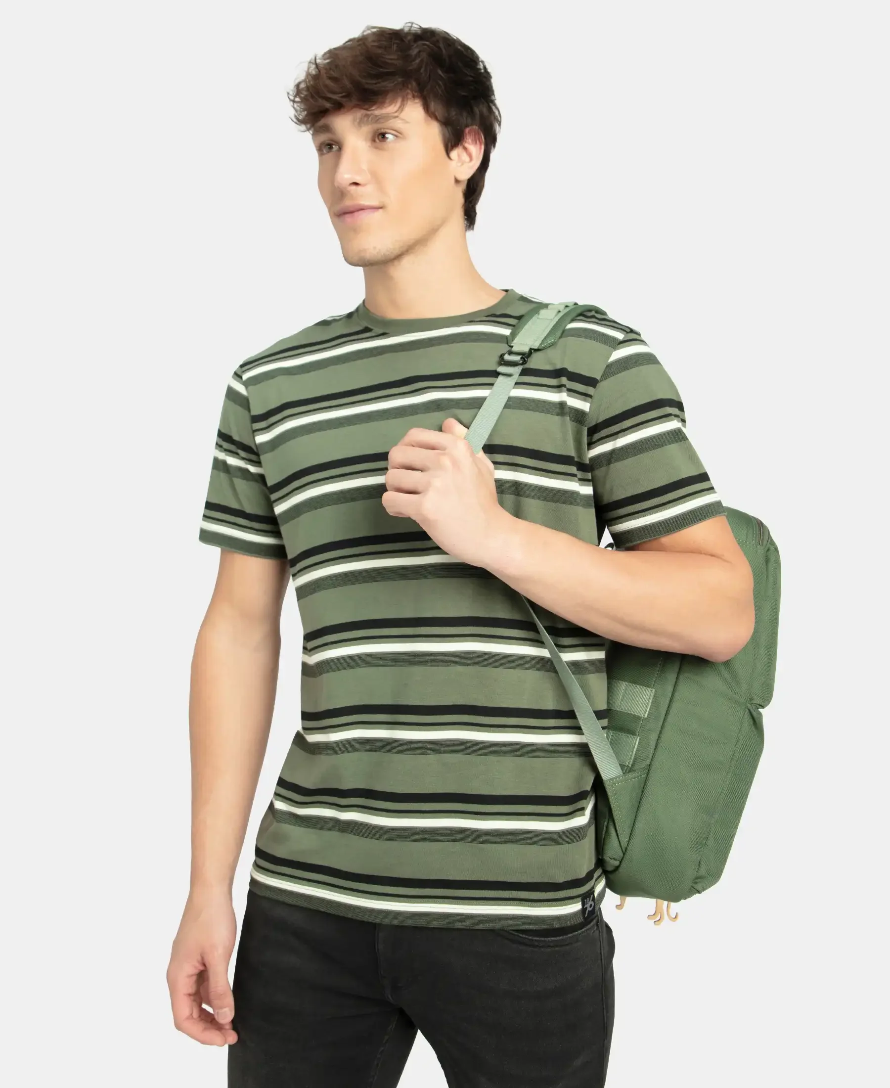 Super Combed Cotton Rich Striped Round Neck Half Sleeve T-Shirt - Thyme, Ecru & Black - Image 5