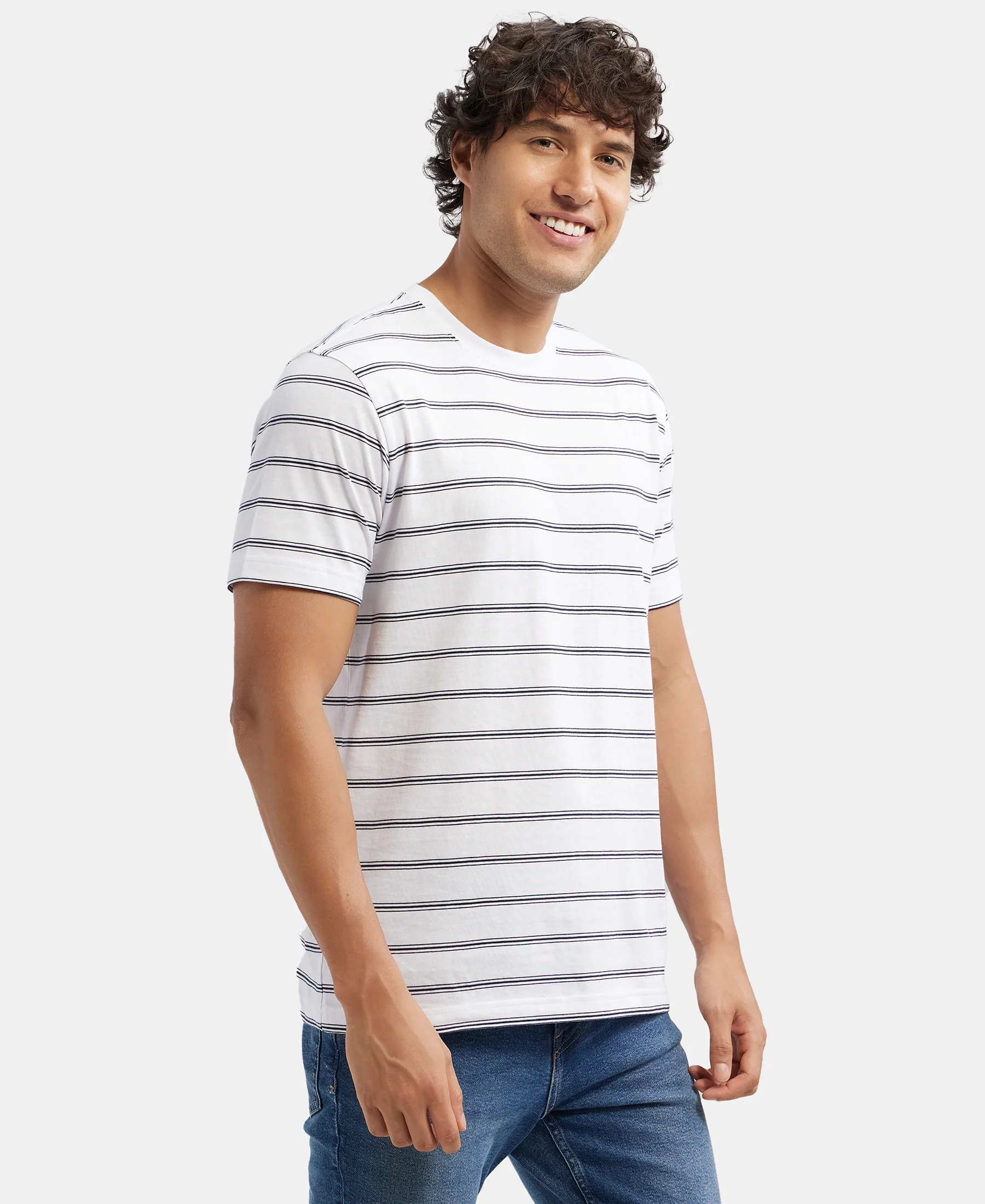 Super Combed Cotton Rich Striped Round Neck Half Sleeve T-Shirt - White & Navy - Image 2