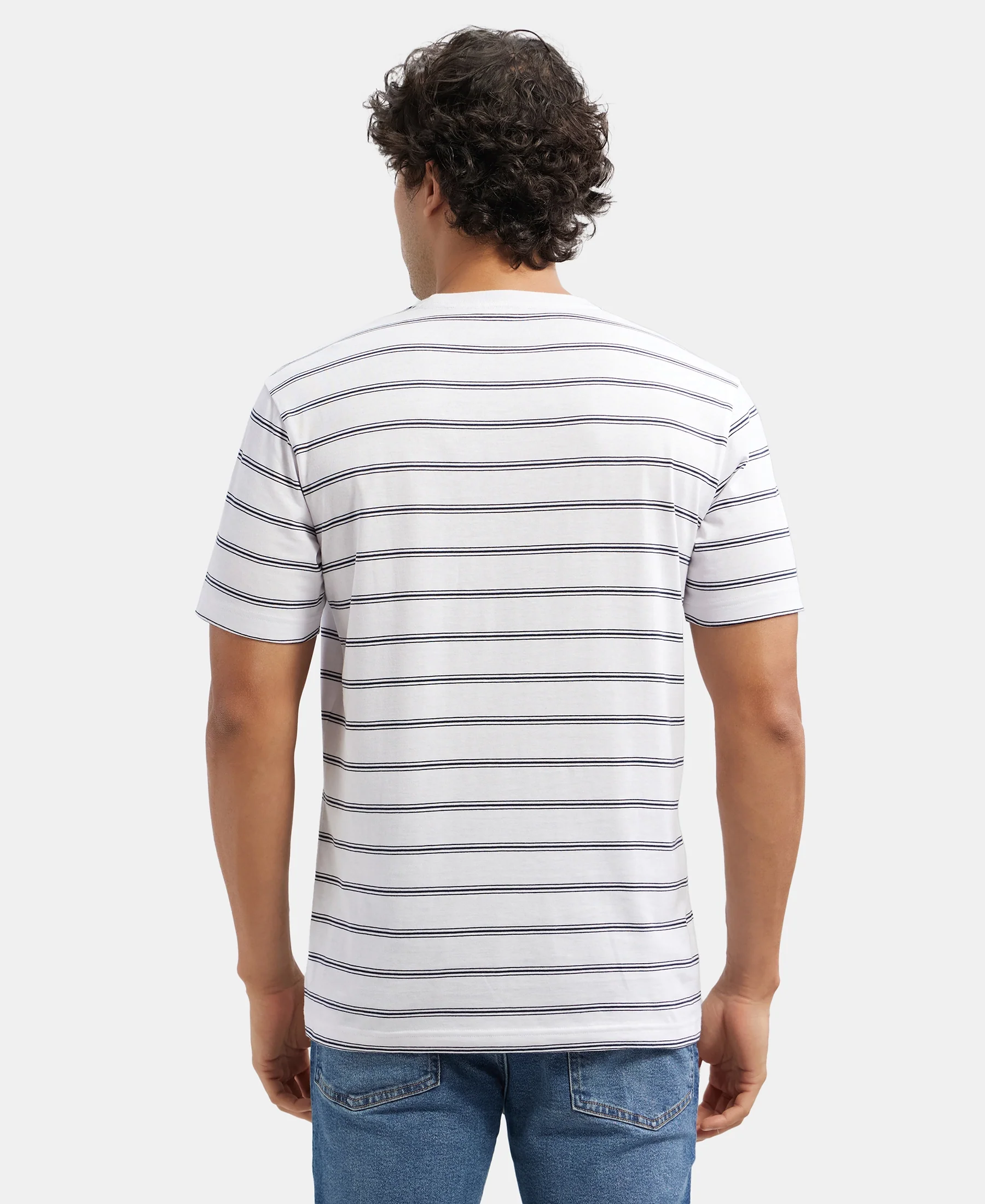 Super Combed Cotton Rich Striped Round Neck Half Sleeve T-Shirt - White & Navy - Image 3