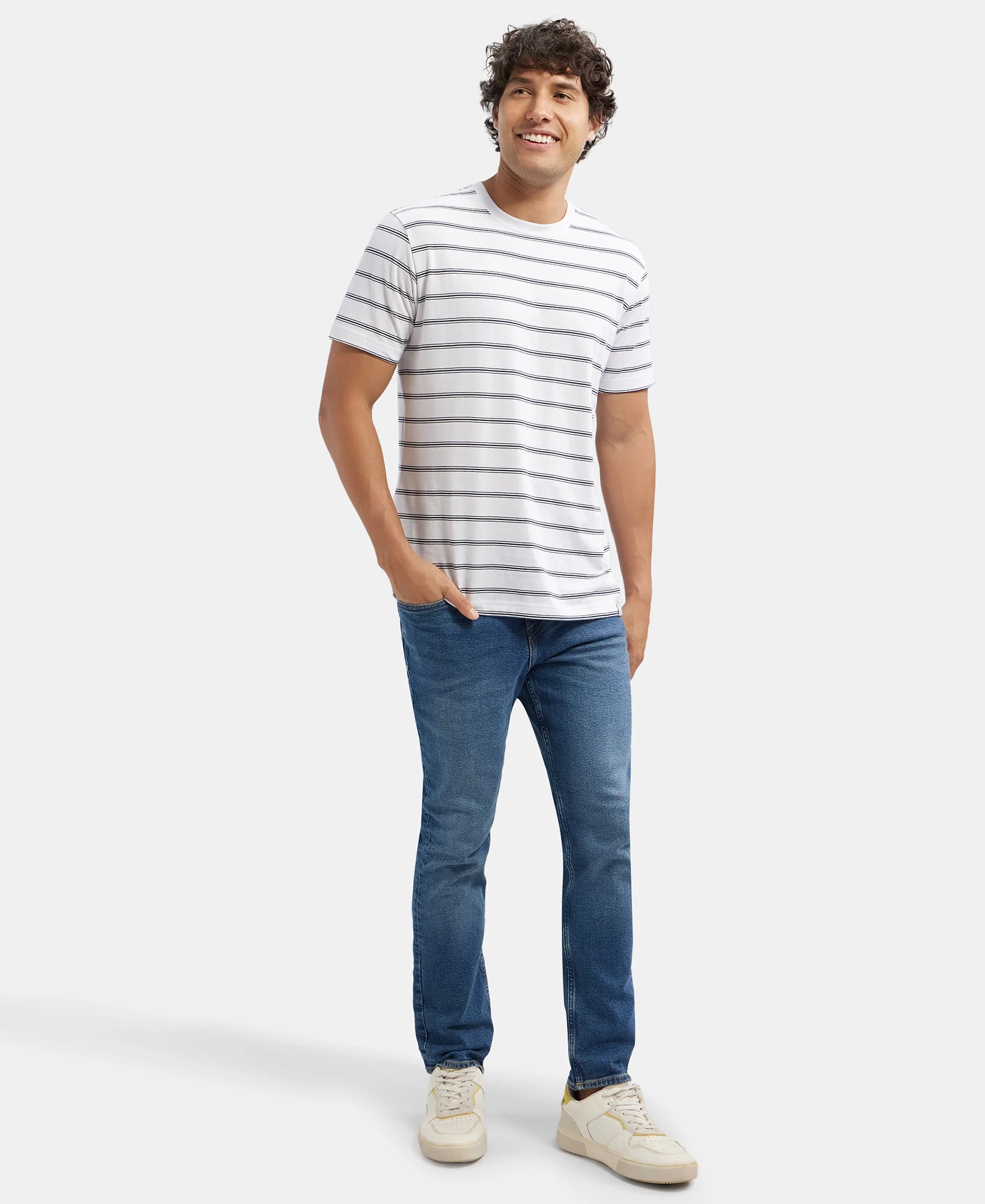 Super Combed Cotton Rich Striped Round Neck Half Sleeve T-Shirt - White & Navy - Image 6
