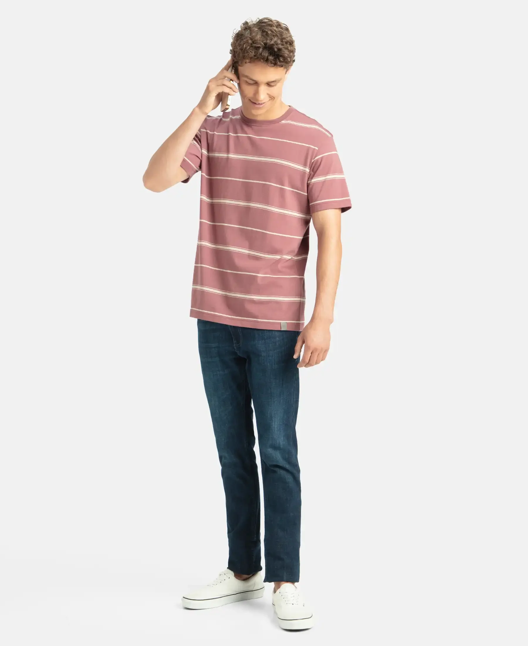 Super Combed Cotton Rich Striped Round Neck Half Sleeve T-Shirt - Wild Ginger & Ecru - Image 6