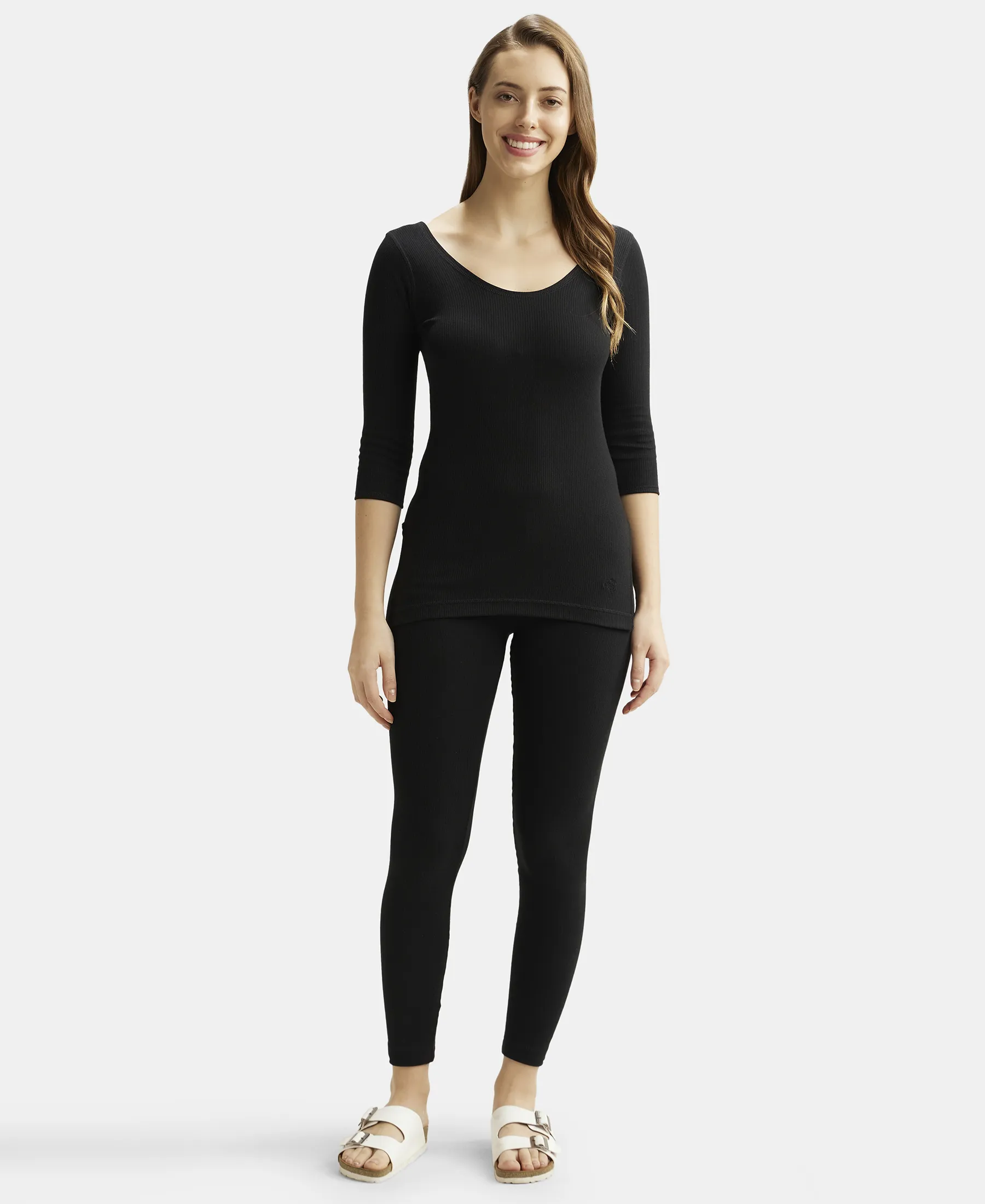 Super Combed Cotton Rich Three Quarter Sleeve Thermal Set with StayWarm Technology - Black