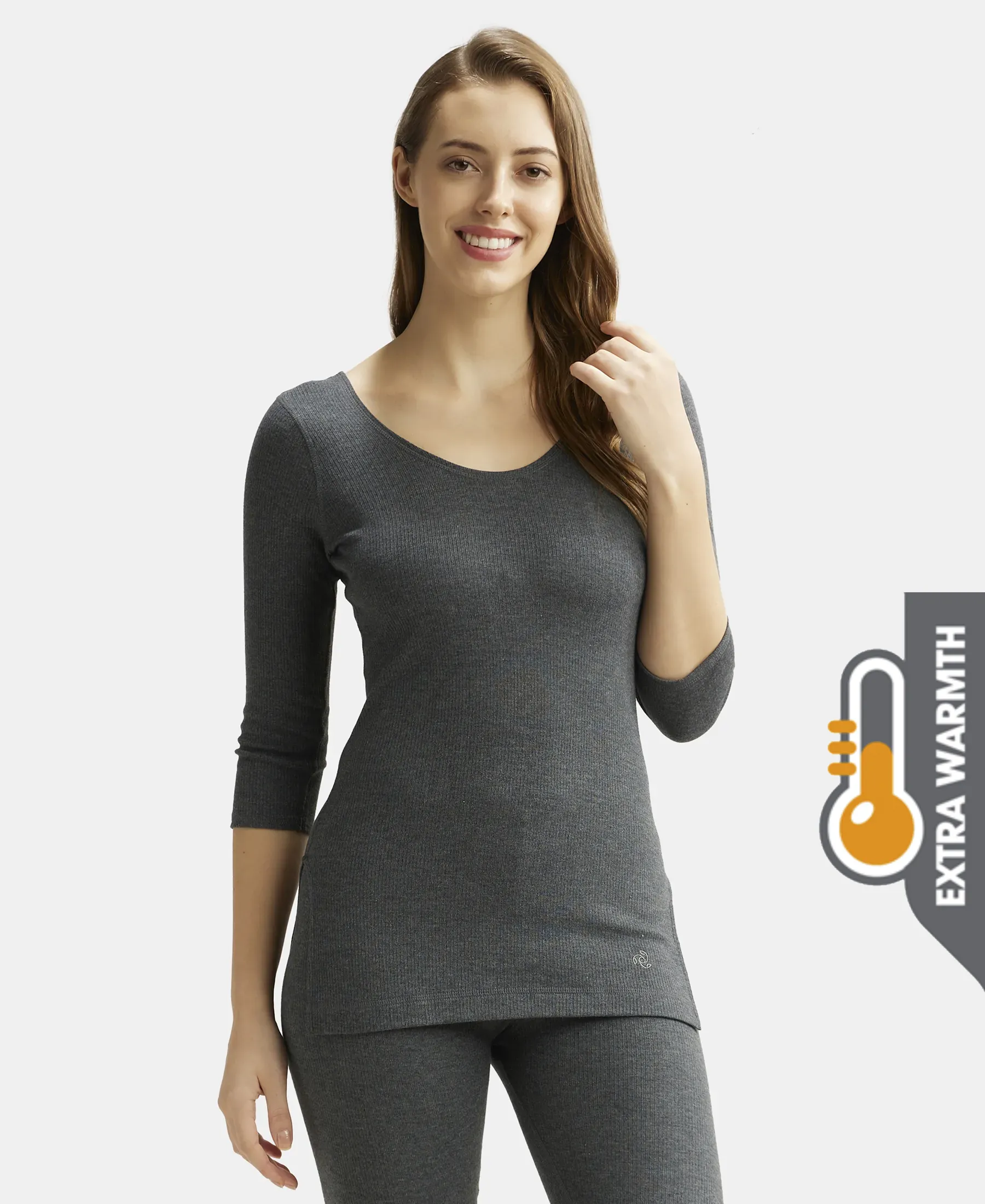 Extra Warmth Super Combed Cotton Rich Three Quarter Sleeve Thermal Top with StayWarm Technology - Charcoal Melange - Image 5