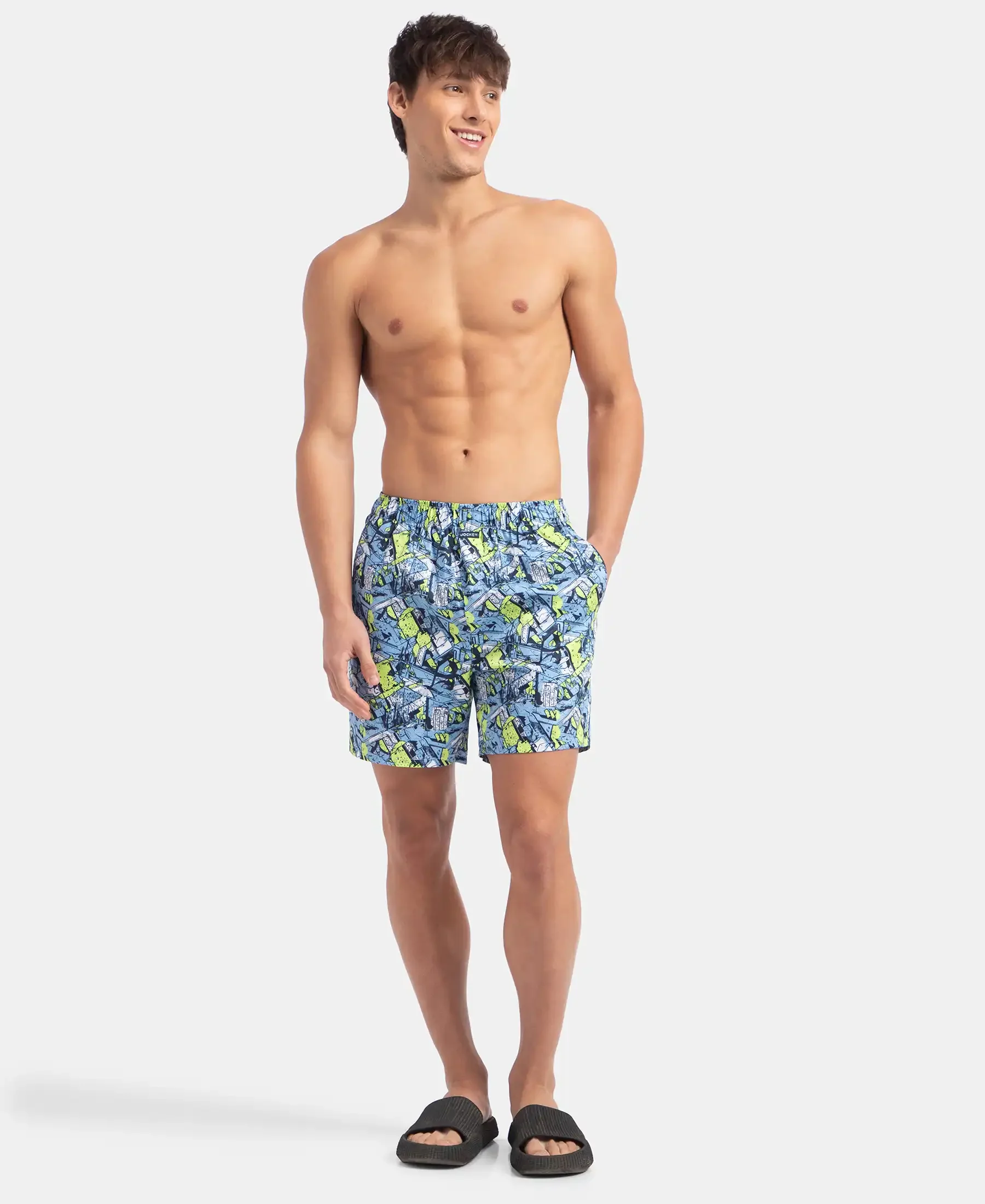 Super Combed Cotton Satin Weave Printed Boxer Shorts with Side Pocket - Dusk Blue - Image 4
