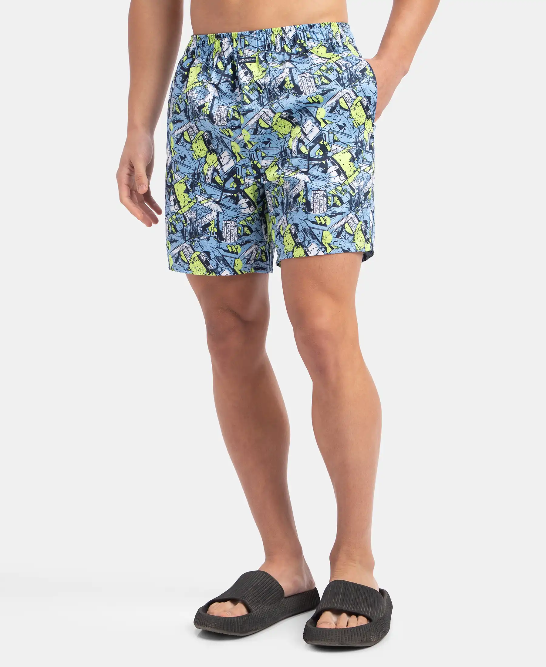 Super Combed Cotton Satin Weave Printed Boxer Shorts with Side Pocket - Dusk Blue - Image 5