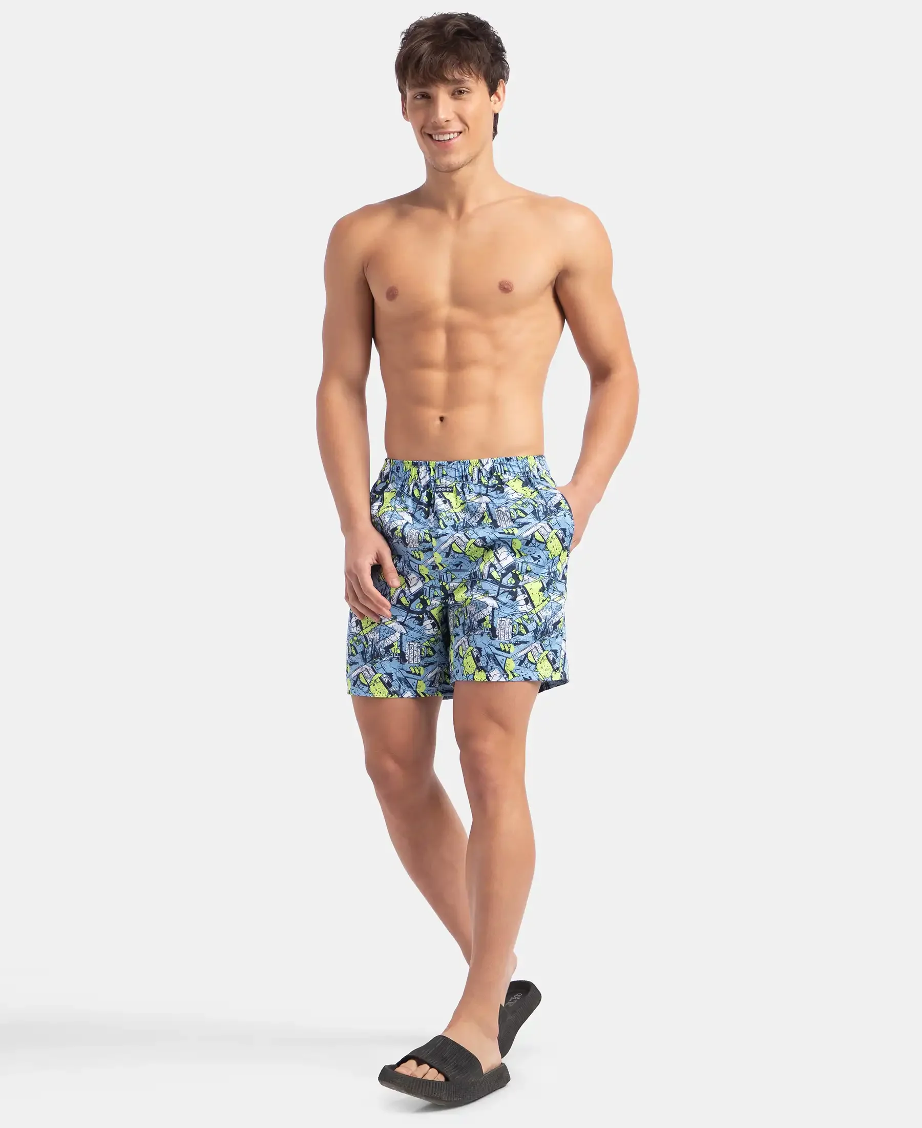 Super Combed Cotton Satin Weave Printed Boxer Shorts with Side Pocket - Dusk Blue - Image 6