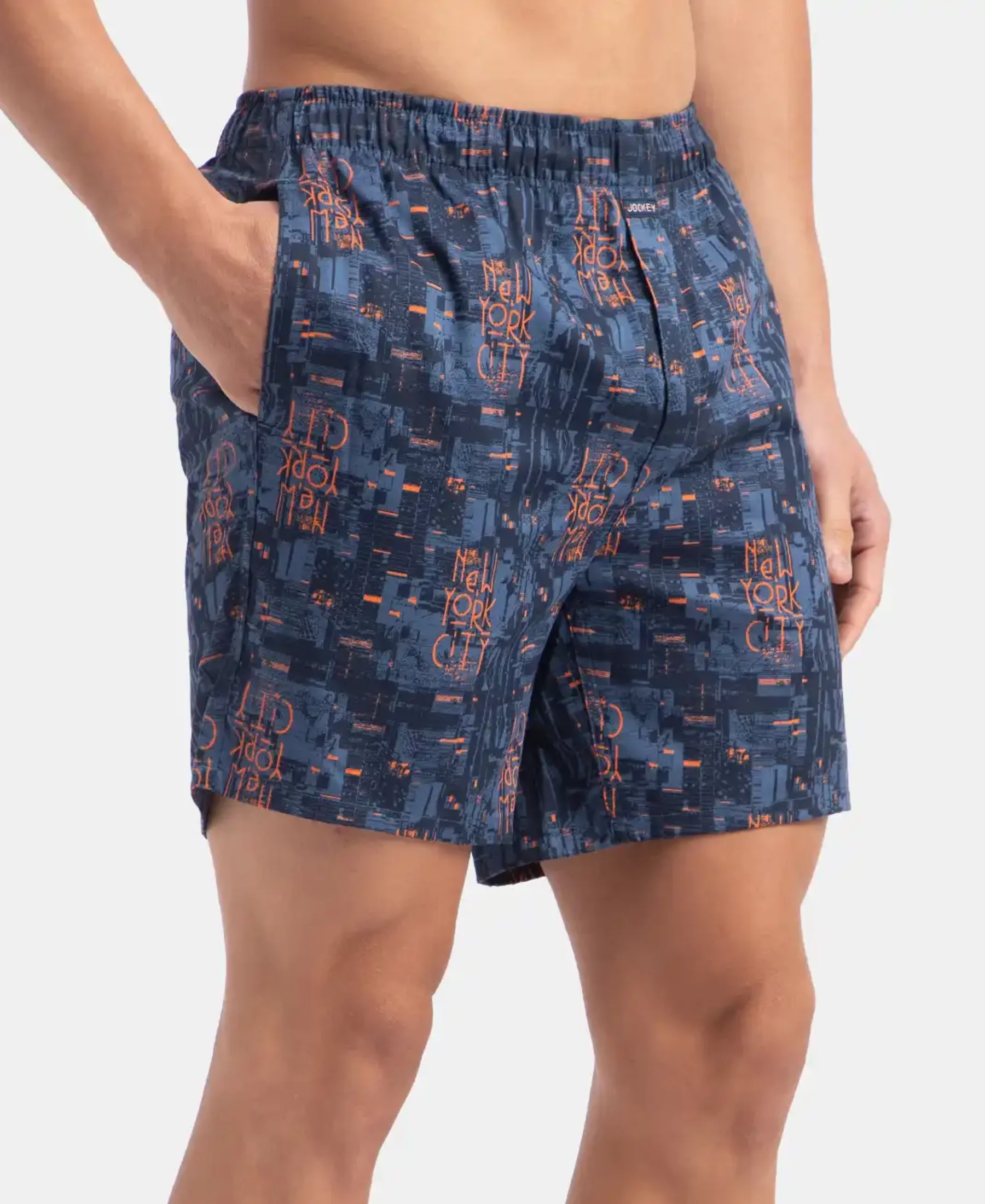 Super Combed Cotton Satin Weave Printed Boxer Shorts with Side Pocket - Navy - Image 2