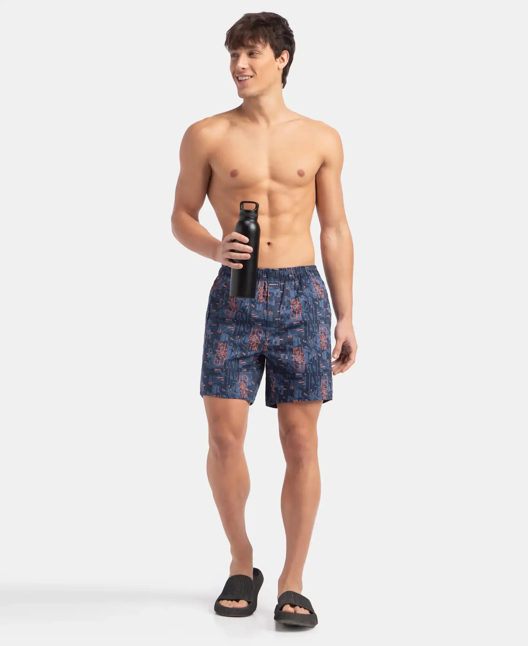 Super Combed Cotton Satin Weave Printed Boxer Shorts with Side Pocket - Navy - Image 6