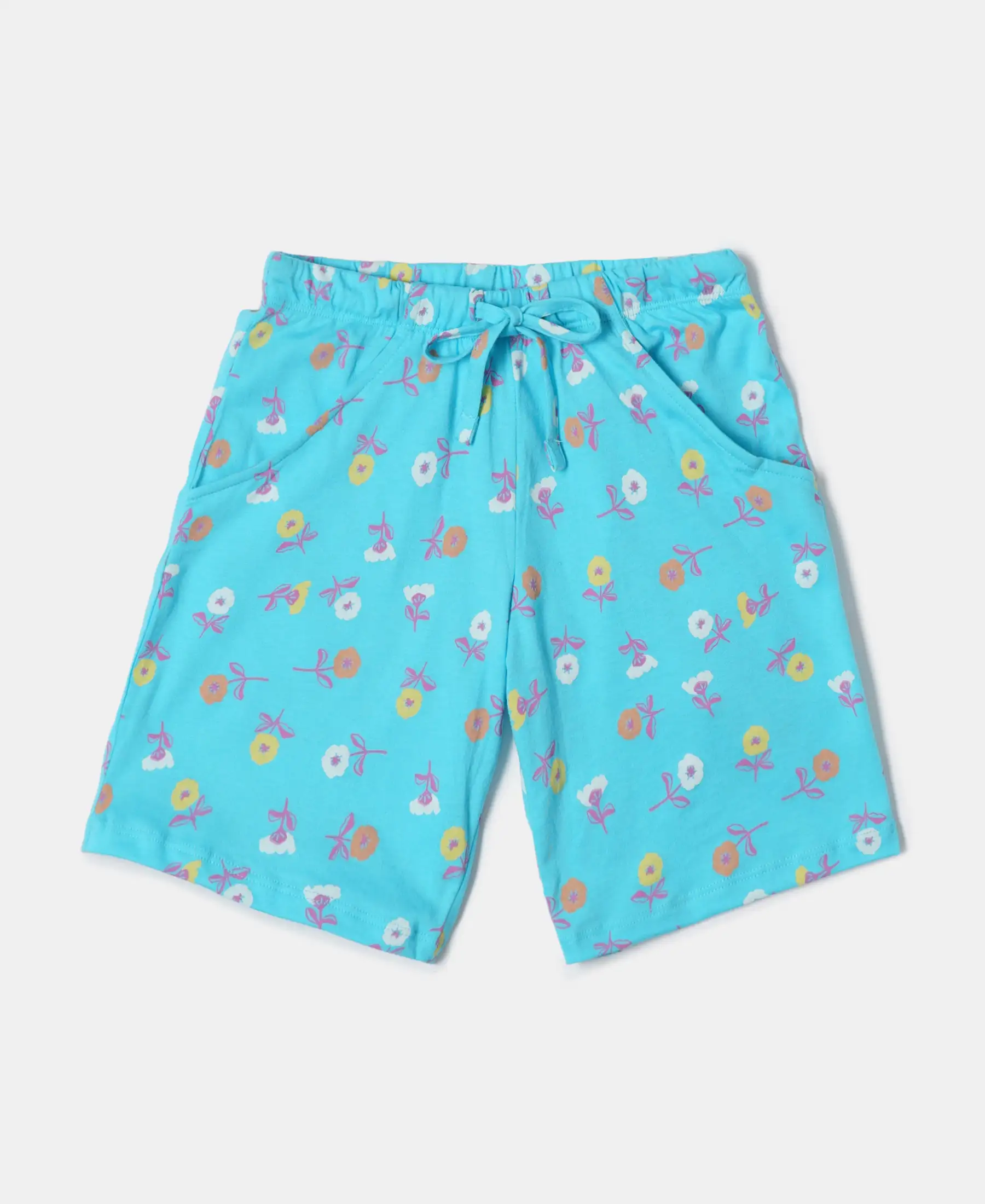 Girl's Super Combed Cotton Short Sleeve T-Shirt and Printed Shorts Set - Blue Curacao - Image 2