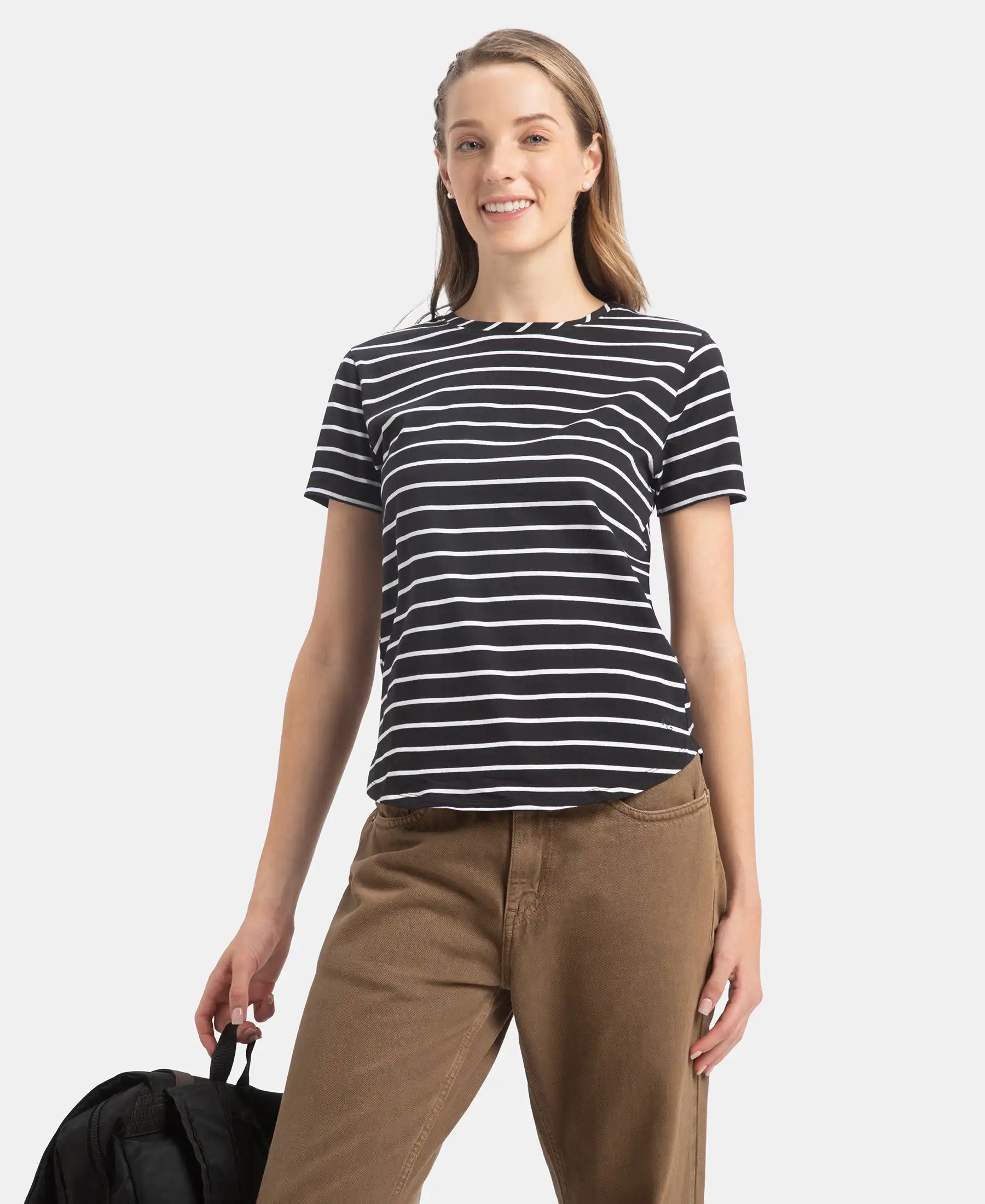 Super Combed Cotton Stripe Fabric Relaxed Fit Round Neck Half Sleeve T-Shirt with Curved Hem Styling - Black - Image 5