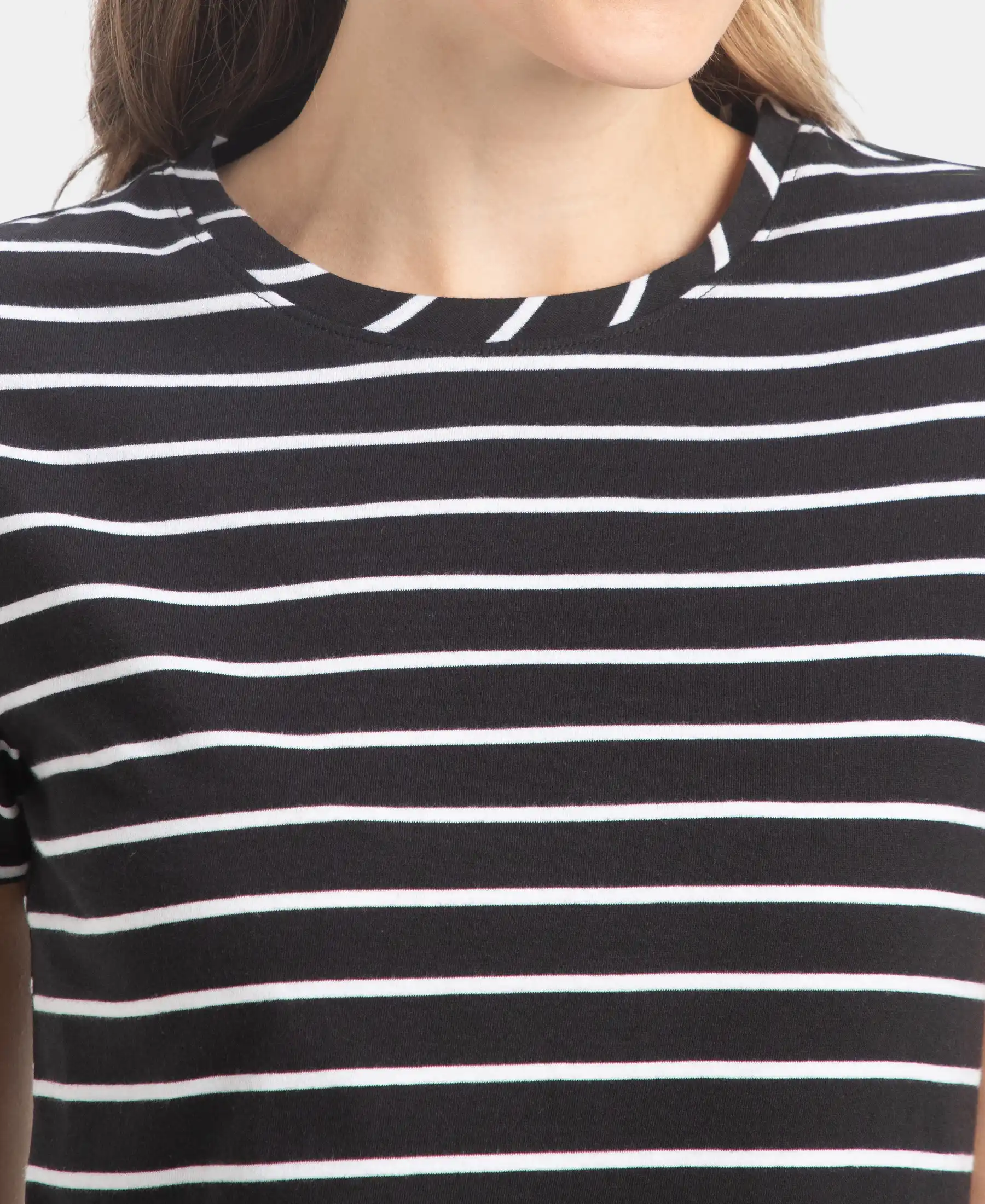 Super Combed Cotton Stripe Fabric Relaxed Fit Round Neck Half Sleeve T-Shirt with Curved Hem Styling - Black - Image 7