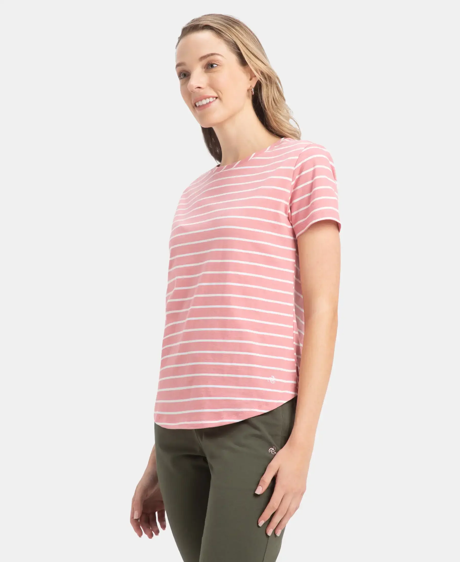 Super Combed Cotton Stripe Fabric Relaxed Fit Round Neck Half Sleeve T-Shirt with Curved Hem Styling - Brandied Apricot - Image 2