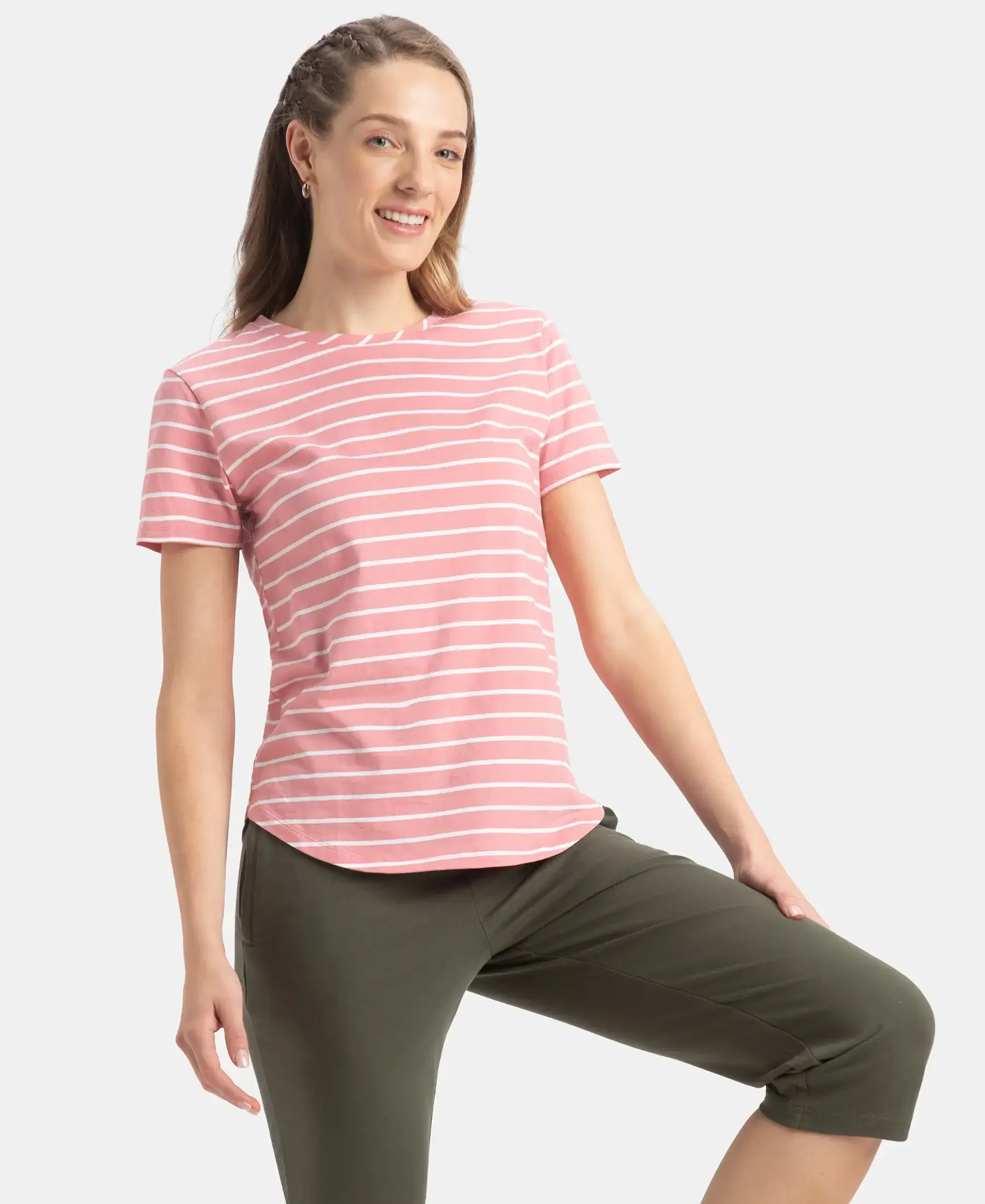 Super Combed Cotton Stripe Fabric Relaxed Fit Round Neck Half Sleeve T-Shirt with Curved Hem Styling - Brandied Apricot - Image 5