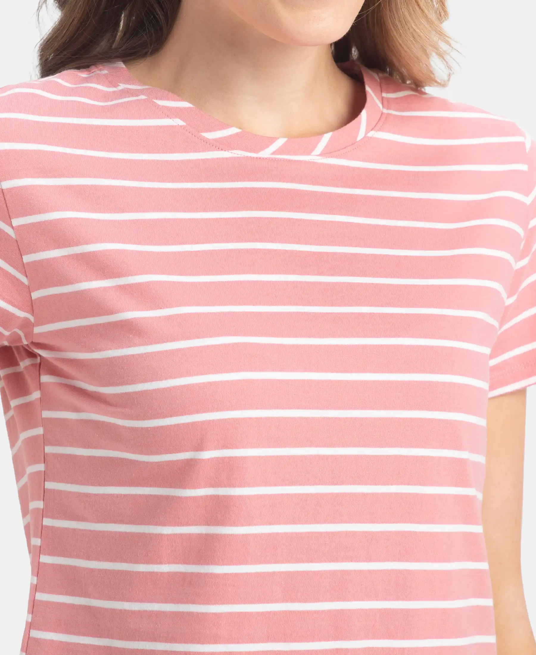 Super Combed Cotton Stripe Fabric Relaxed Fit Round Neck Half Sleeve T-Shirt with Curved Hem Styling - Brandied Apricot - Image 7