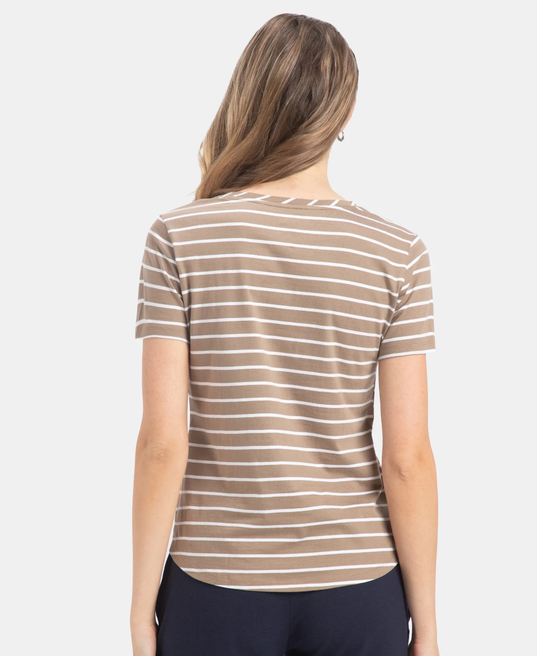 Super Combed Cotton Stripe Fabric Relaxed Fit Round Neck Half Sleeve T-Shirt with Curved Hem Styling - Desert Taupe - Image 3