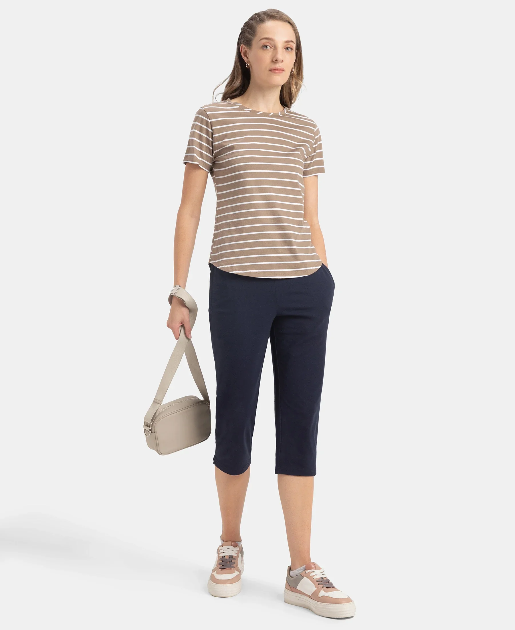 Super Combed Cotton Stripe Fabric Relaxed Fit Round Neck Half Sleeve T-Shirt with Curved Hem Styling - Desert Taupe - Image 4