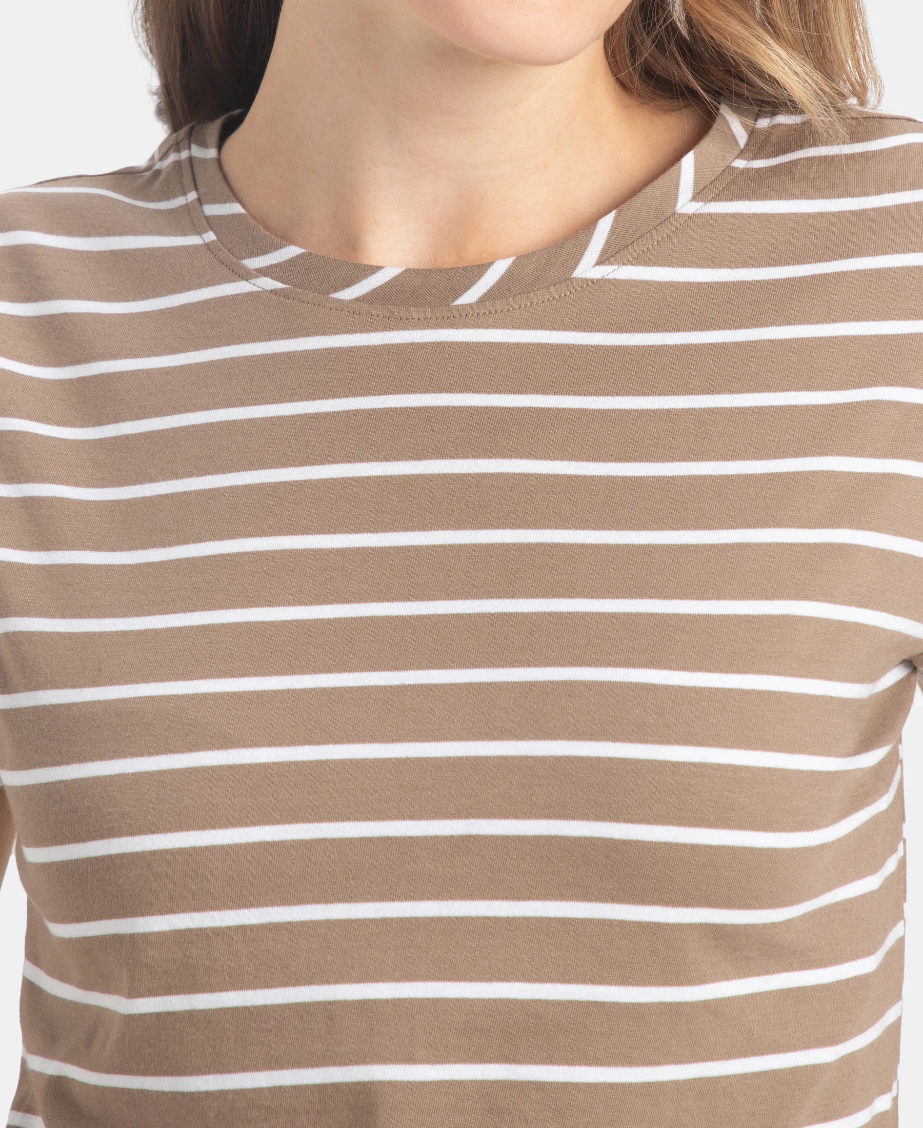 Super Combed Cotton Stripe Fabric Relaxed Fit Round Neck Half Sleeve T-Shirt with Curved Hem Styling - Desert Taupe - Image 6