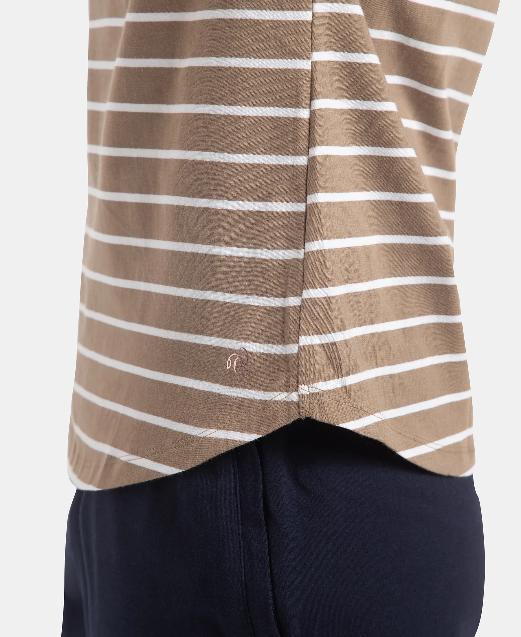 Super Combed Cotton Stripe Fabric Relaxed Fit Round Neck Half Sleeve T-Shirt with Curved Hem Styling - Desert Taupe - Image 7