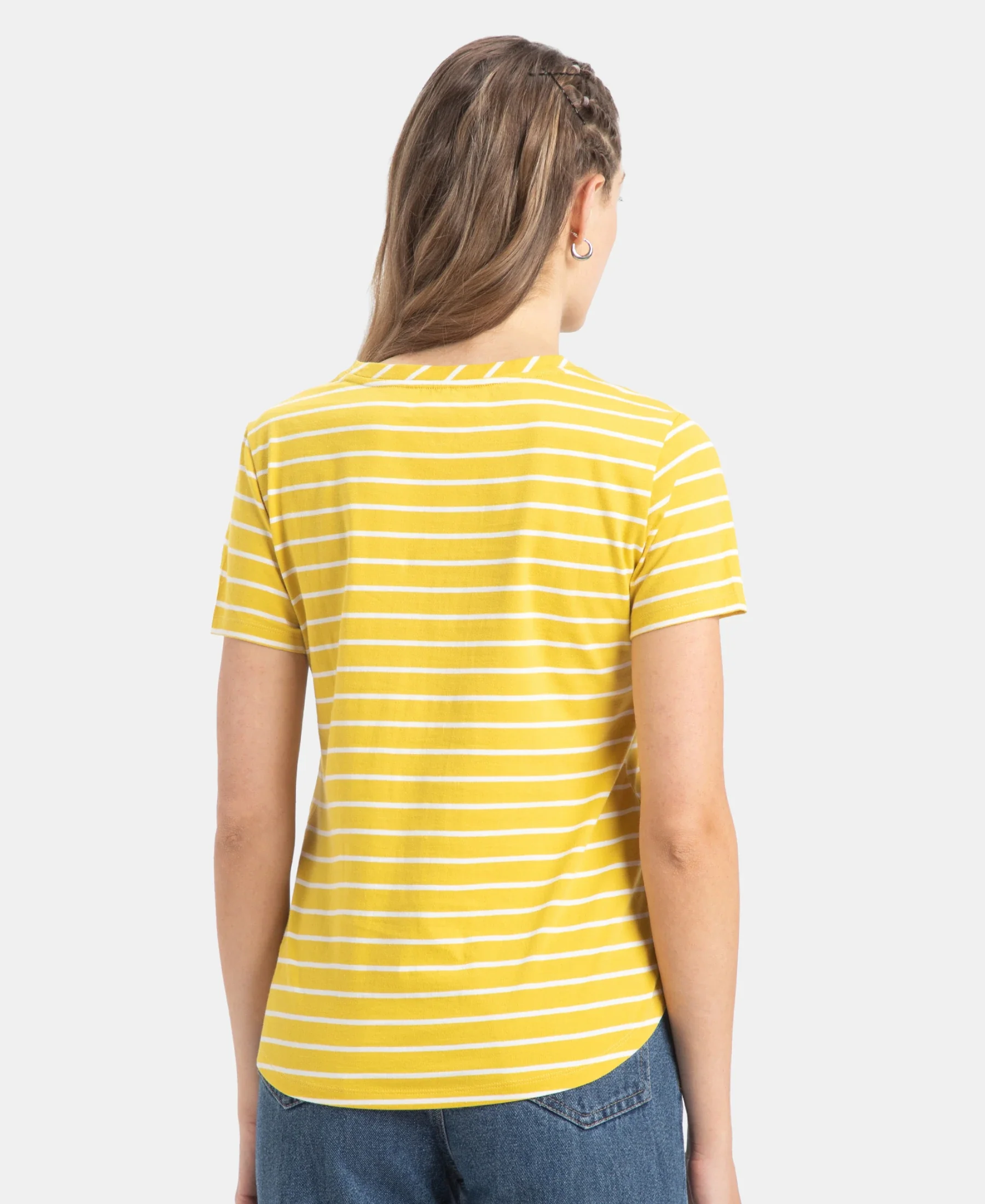 Super Combed Cotton Stripe Fabric Relaxed Fit Round Neck Half Sleeve T-Shirt with Curved Hem Styling - Mango Mint - Image 3