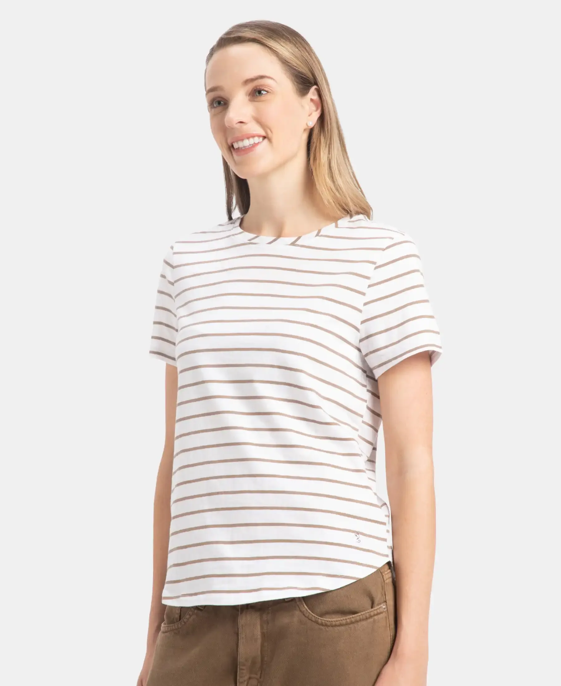 Super Combed Cotton Stripe Fabric Relaxed Fit Round Neck Half Sleeve T-Shirt with Curved Hem Styling - White - Image 2