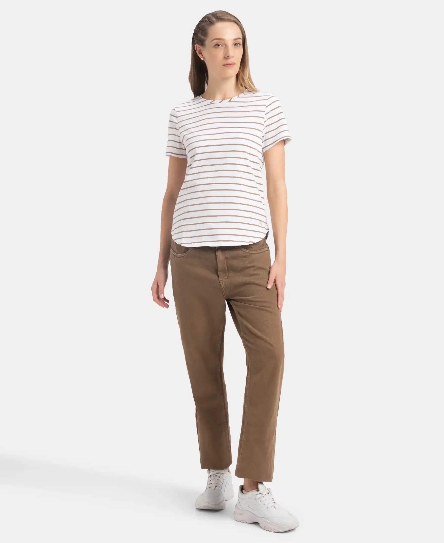 Super Combed Cotton Stripe Fabric Relaxed Fit Round Neck Half Sleeve T-Shirt with Curved Hem Styling - White - Image 4