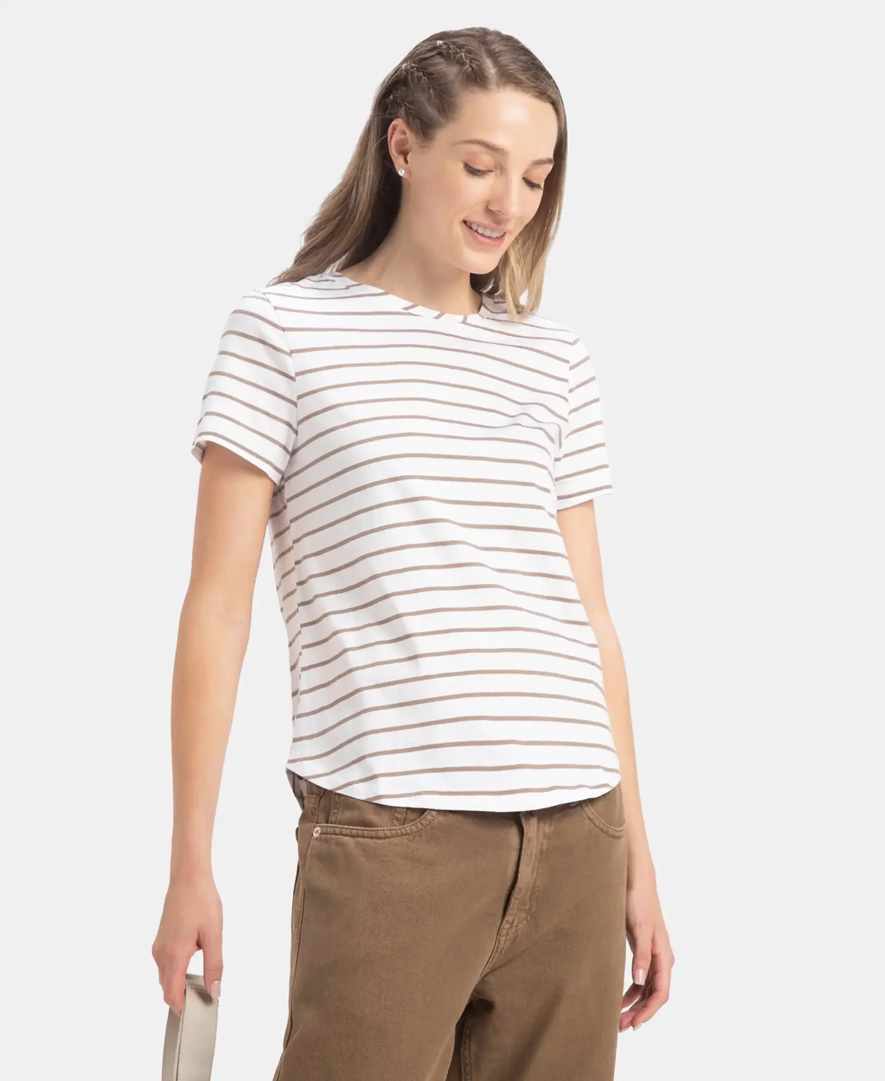 Super Combed Cotton Stripe Fabric Relaxed Fit Round Neck Half Sleeve T-Shirt with Curved Hem Styling - White - Image 5