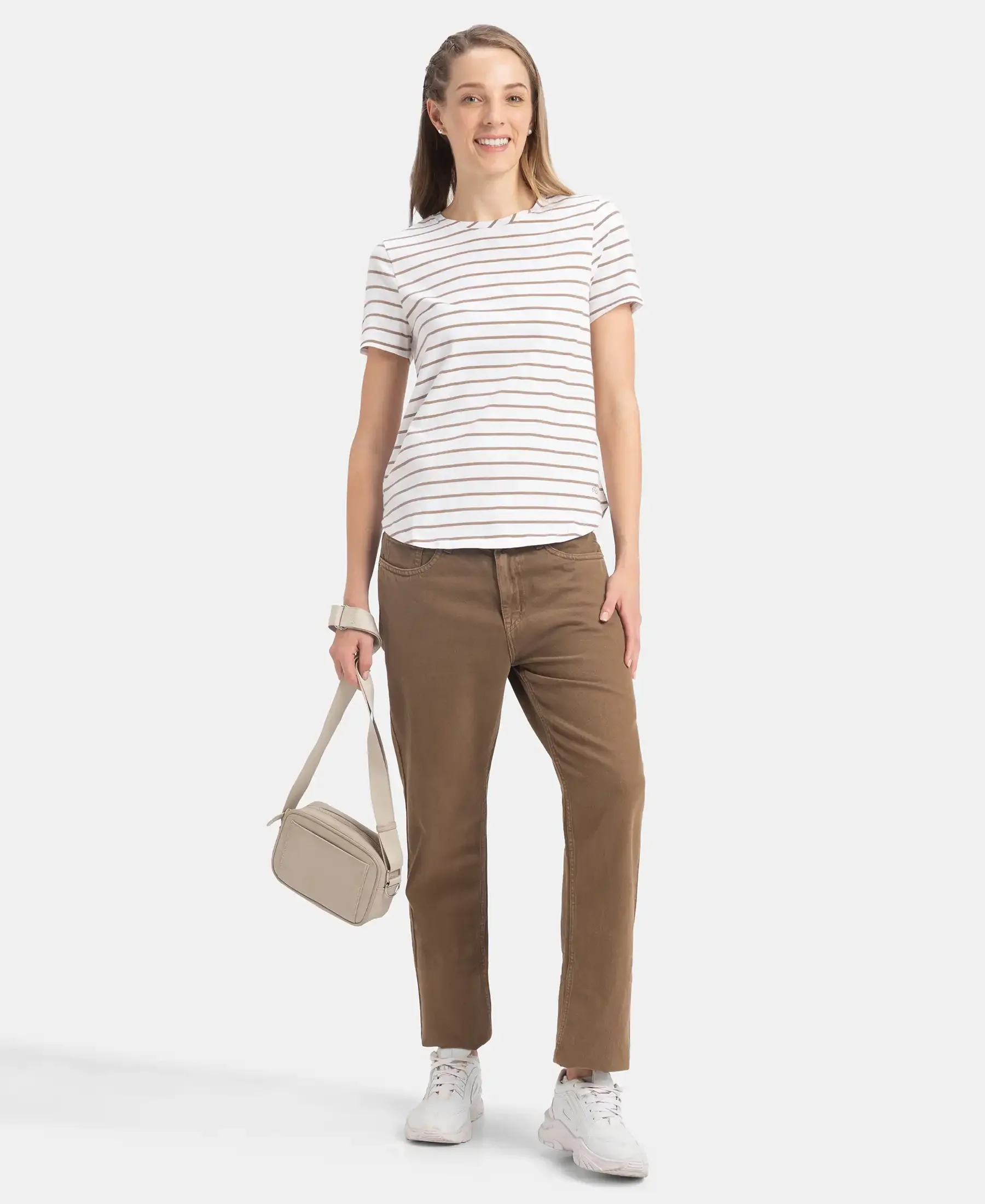 Super Combed Cotton Stripe Fabric Relaxed Fit Round Neck Half Sleeve T-Shirt with Curved Hem Styling - White - Image 6