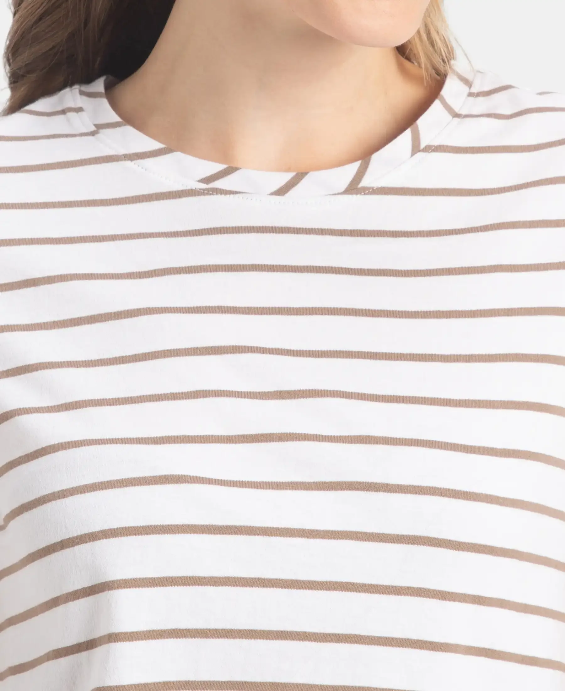 Super Combed Cotton Stripe Fabric Relaxed Fit Round Neck Half Sleeve T-Shirt with Curved Hem Styling - White - Image 7