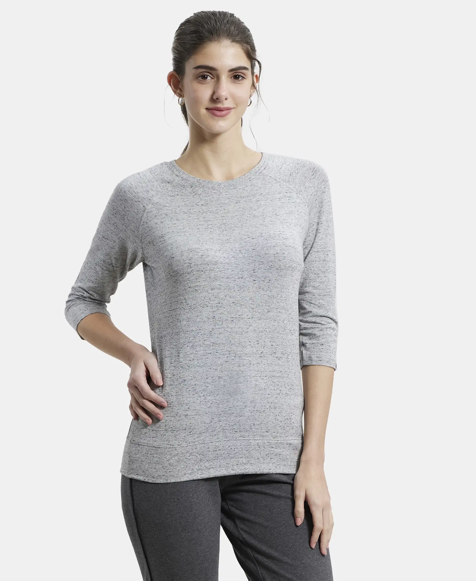 Super Combed Cotton Viscose Elastane Stretch Regular Fit Solid Round Neck Three Quarter Sleeve T-Shirt - Grey Snow Melange