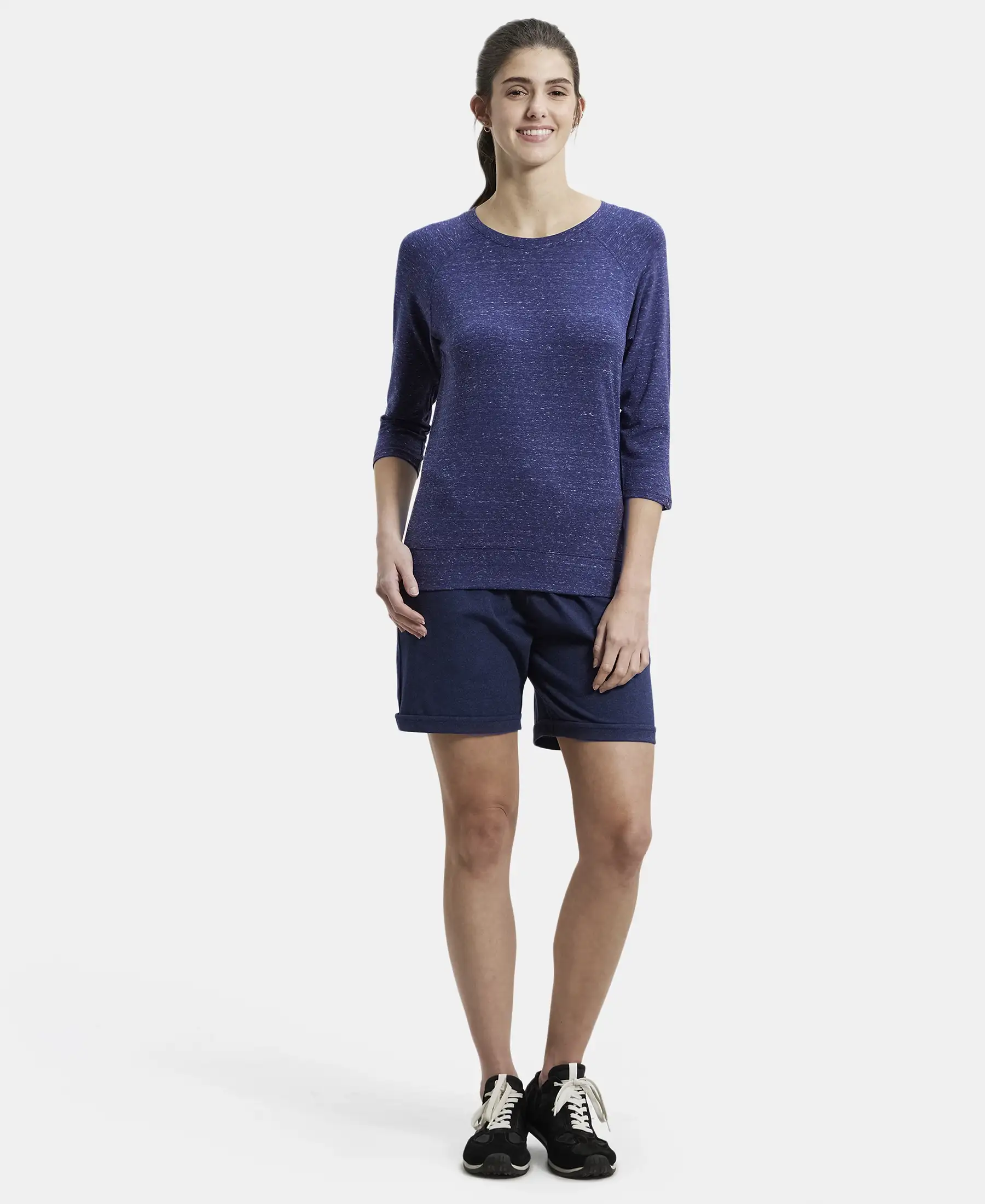 Super Combed Cotton Viscose Elastane Stretch Regular Fit Solid Round Neck Three Quarter Sleeve T-Shirt - Imperial Blue Snow Melange - Image 4