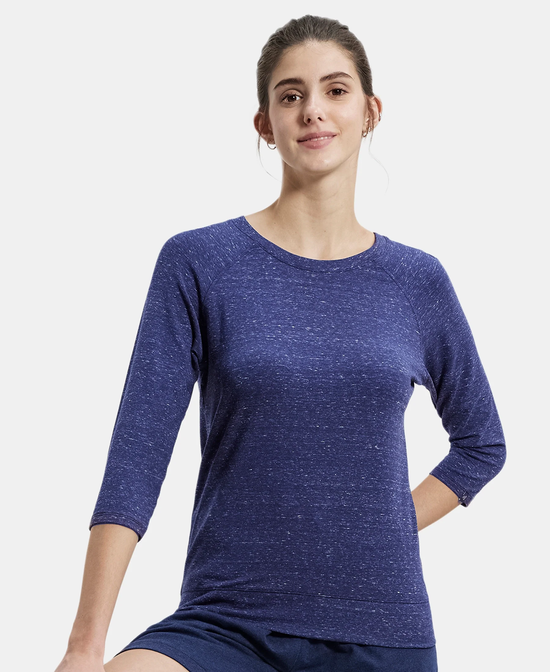 Super Combed Cotton Viscose Elastane Stretch Regular Fit Solid Round Neck Three Quarter Sleeve T-Shirt - Imperial Blue Snow Melange - Image 5