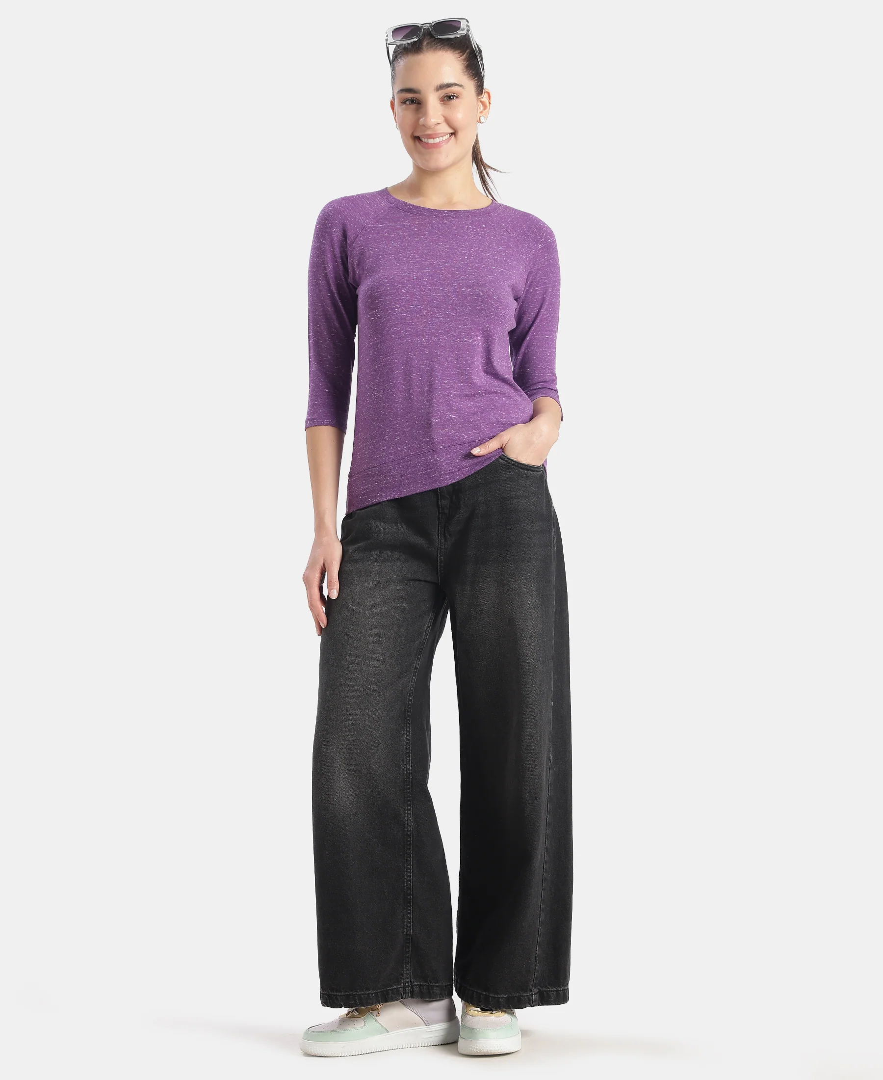 Super Combed Cotton Viscose Elastane Stretch Regular Fit Solid Round Neck Three Quarter Sleeve T-Shirt - Amaranth Purple Snow Melange - Image 4