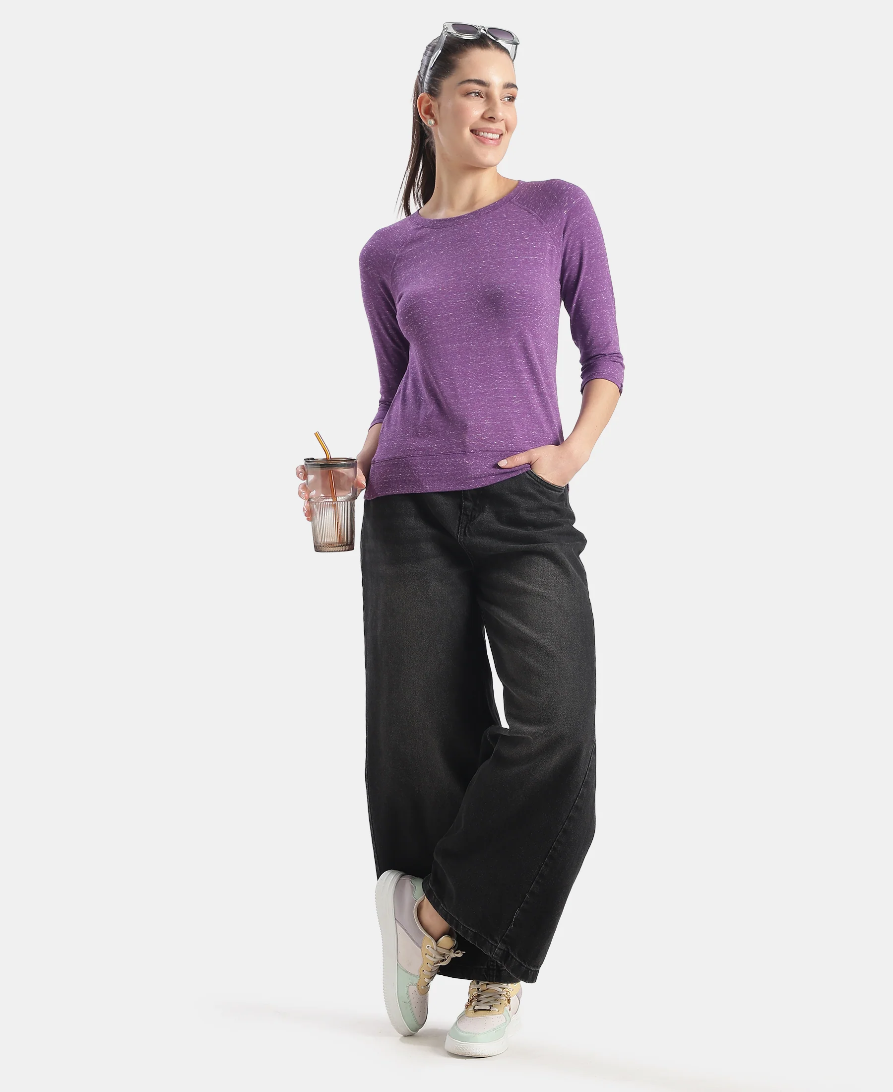 Super Combed Cotton Viscose Elastane Stretch Regular Fit Solid Round Neck Three Quarter Sleeve T-Shirt - Amaranth Purple Snow Melange - Image 6