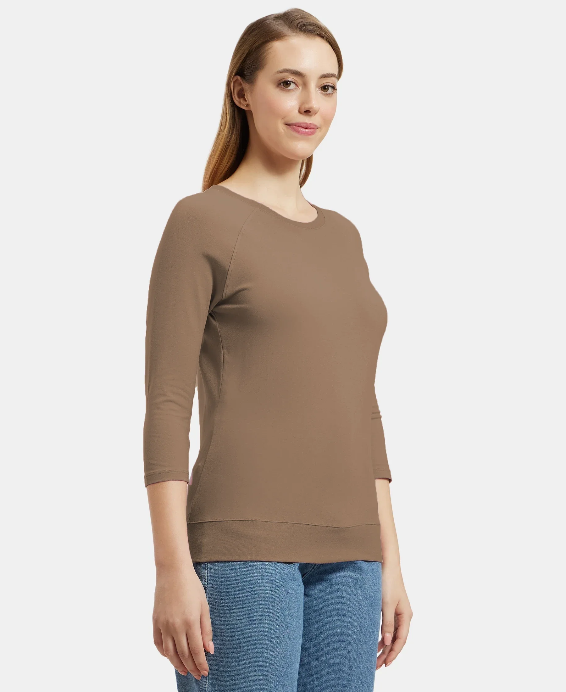 Super Combed Cotton Viscose Elastane Stretch Regular Fit Solid Round Neck Three Quarter Sleeve T-Shirt - Taupe Grey - Image 2