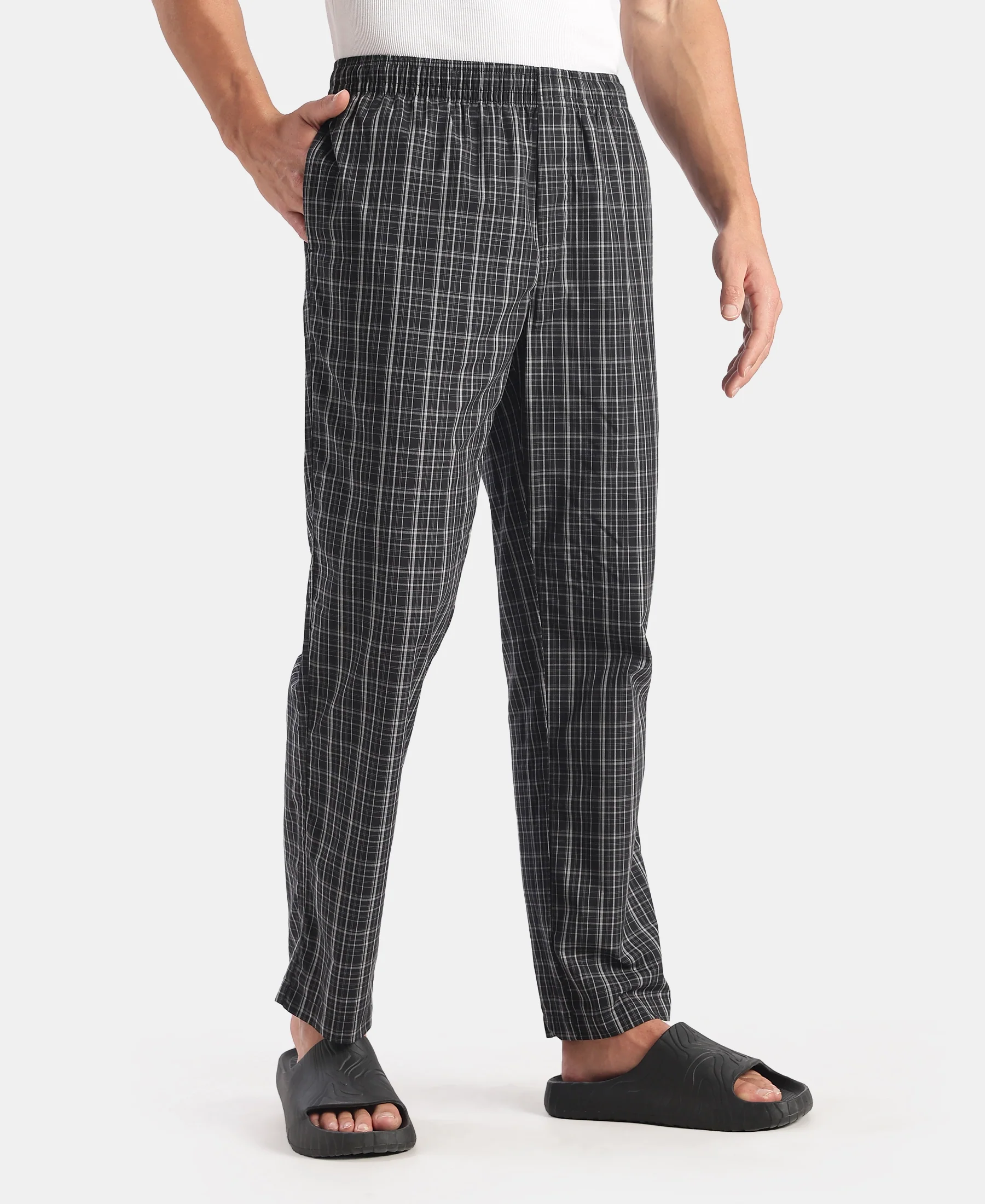 Super Combed Cotton Woven Fabric Regular Fit Checkered Pyjama with Side Pockets - New Black - Image 2