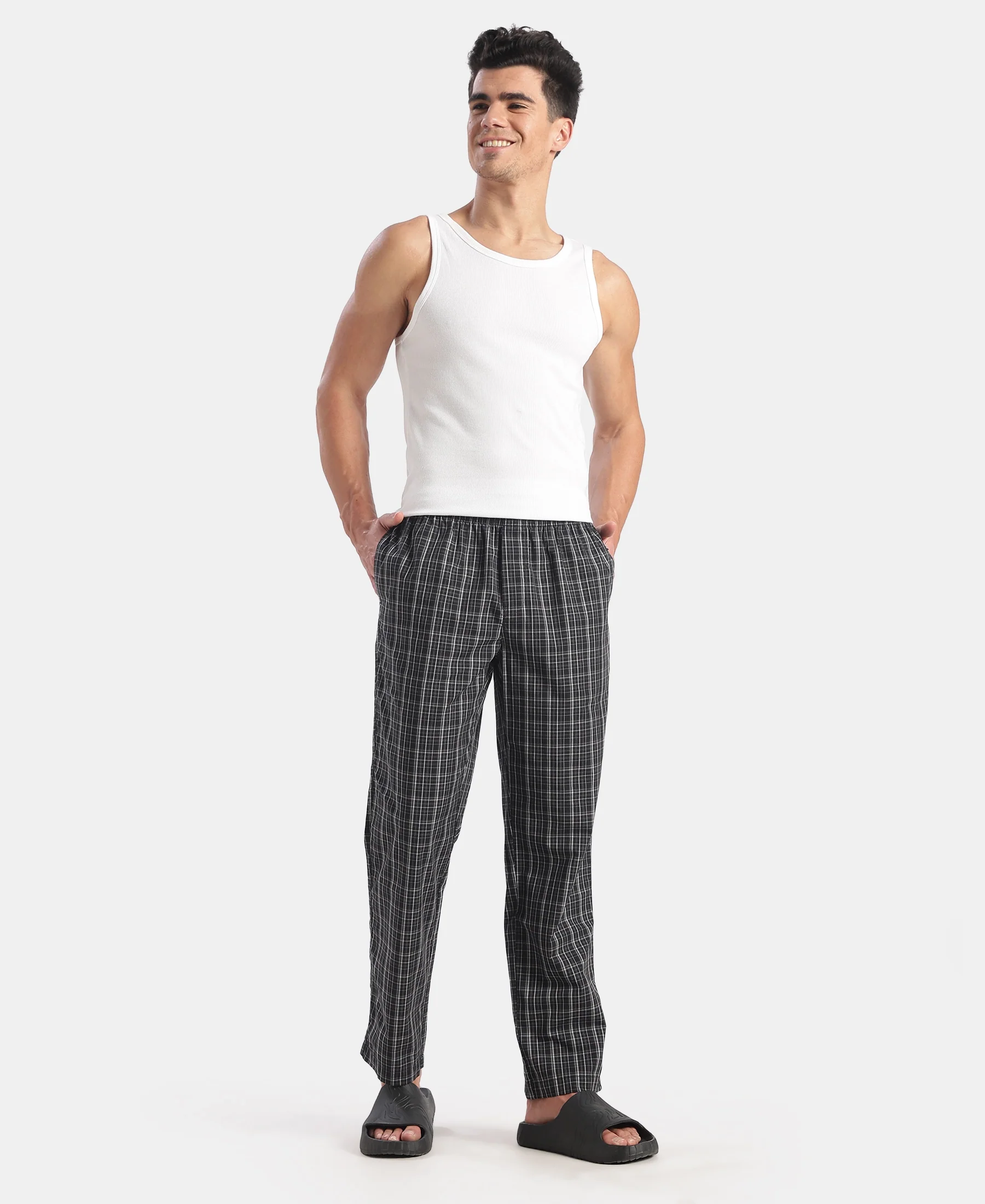 Super Combed Cotton Woven Fabric Regular Fit Checkered Pyjama with Side Pockets - New Black - Image 4