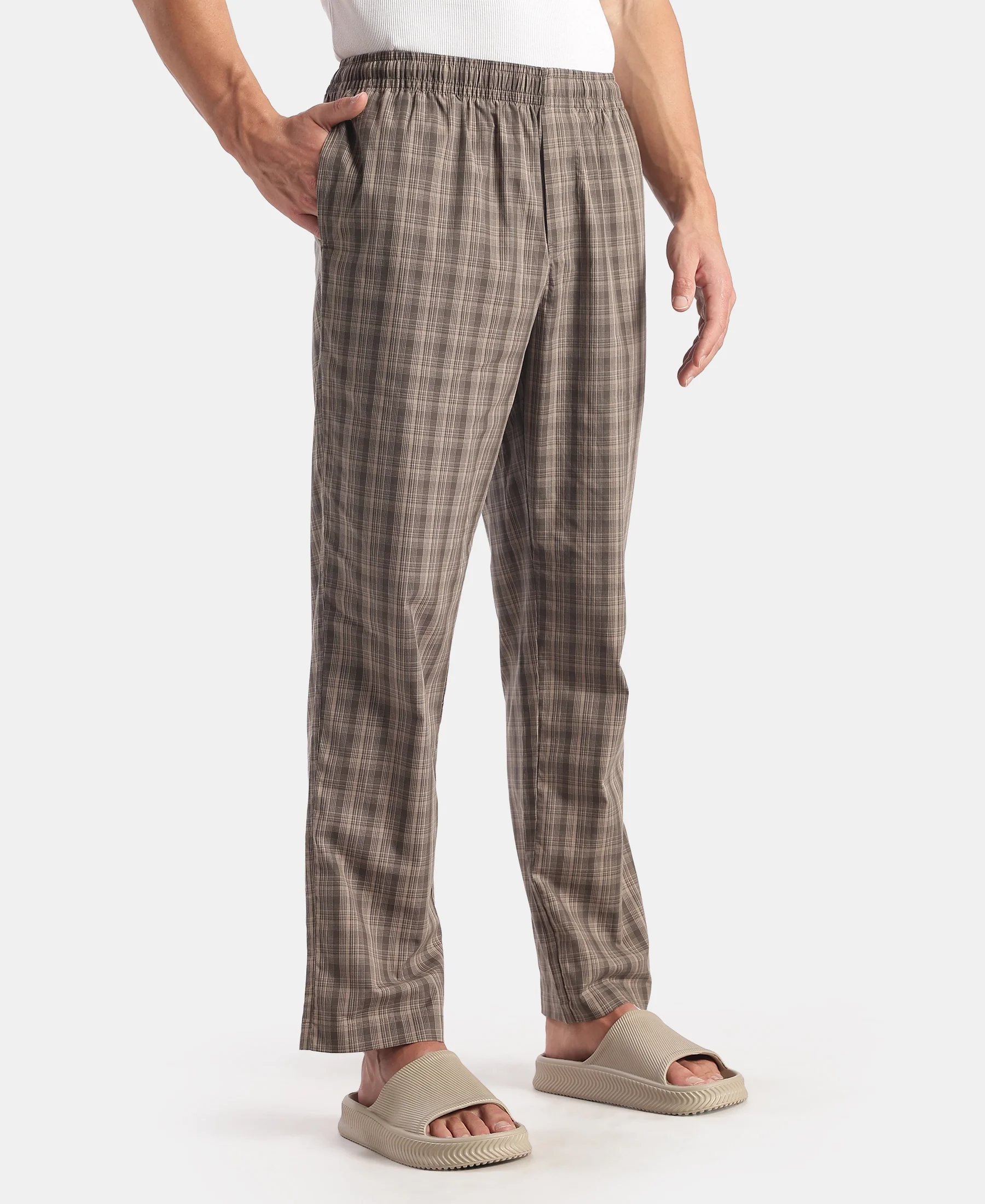 Super Combed Cotton Woven Fabric Regular Fit Checkered Pyjama with Side Pockets - New Black Olive - Image 2