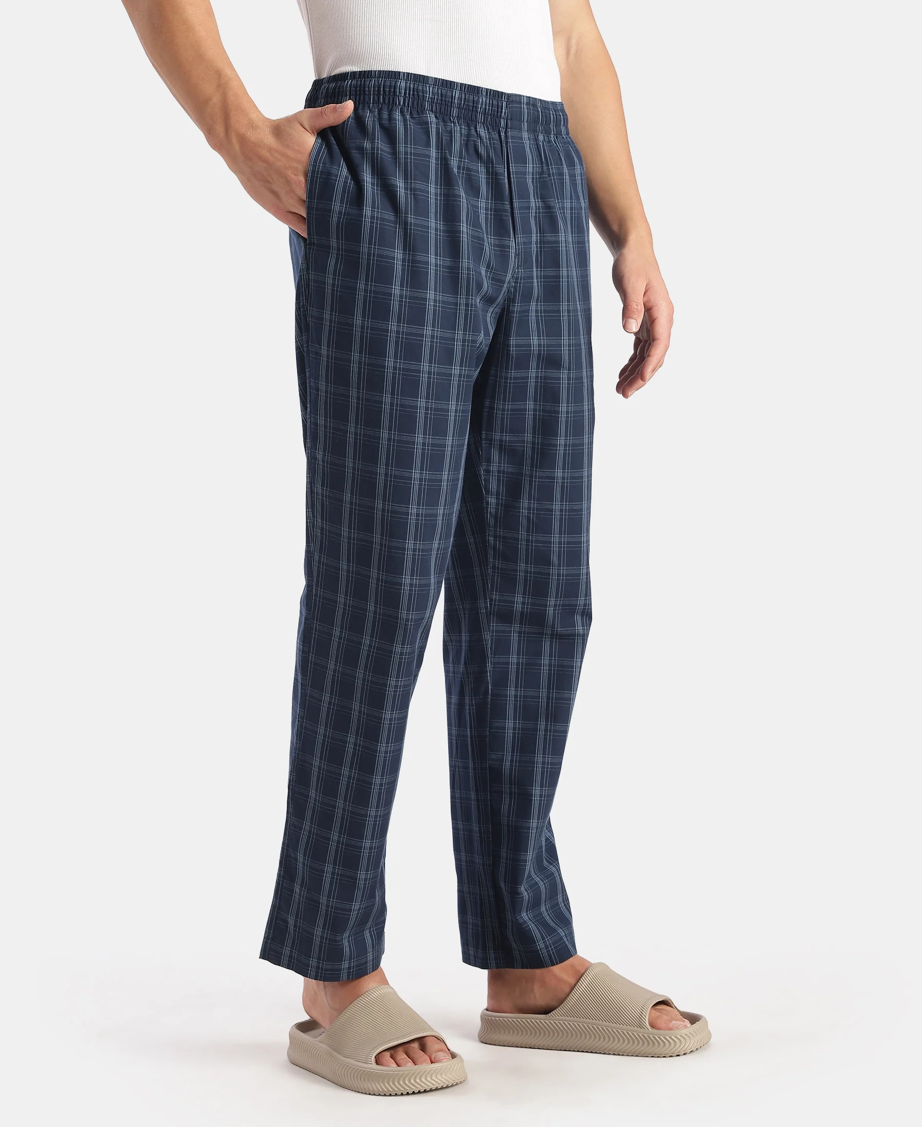 Super Combed Cotton Woven Fabric Regular Fit Checkered Pyjama with Side Pockets - New Navy - Image 2