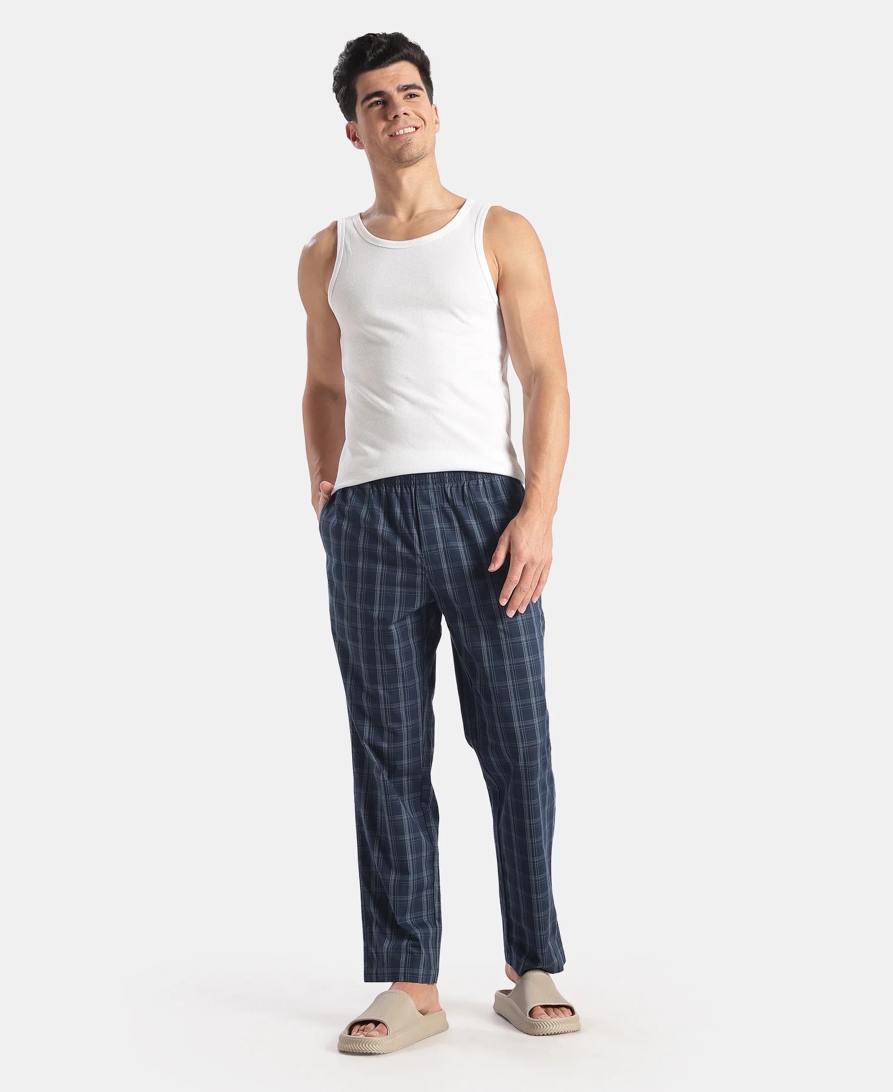 Super Combed Cotton Woven Fabric Regular Fit Checkered Pyjama with Side Pockets - New Navy - Image 4