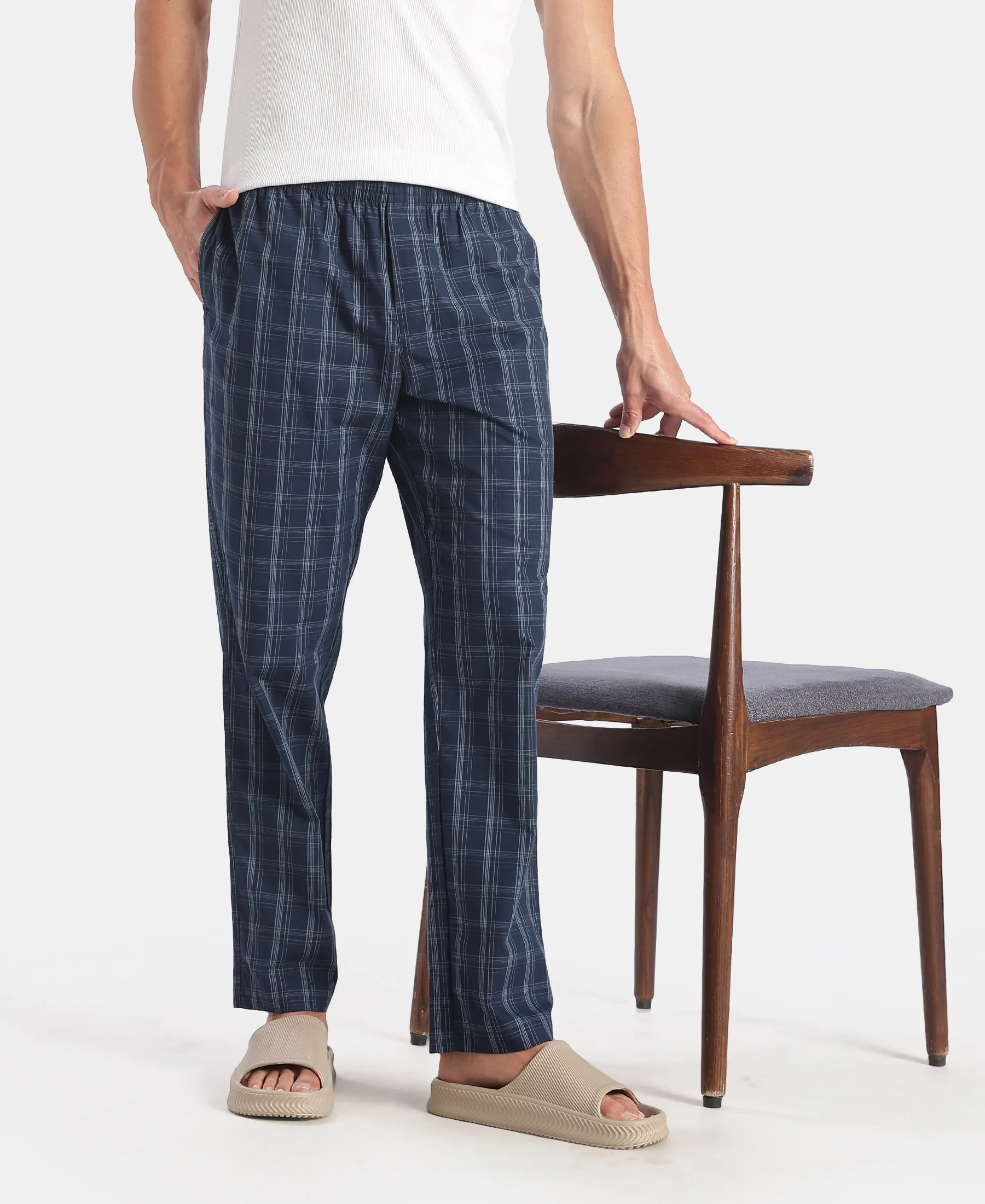 Super Combed Cotton Woven Fabric Regular Fit Checkered Pyjama with Side Pockets - New Navy - Image 5
