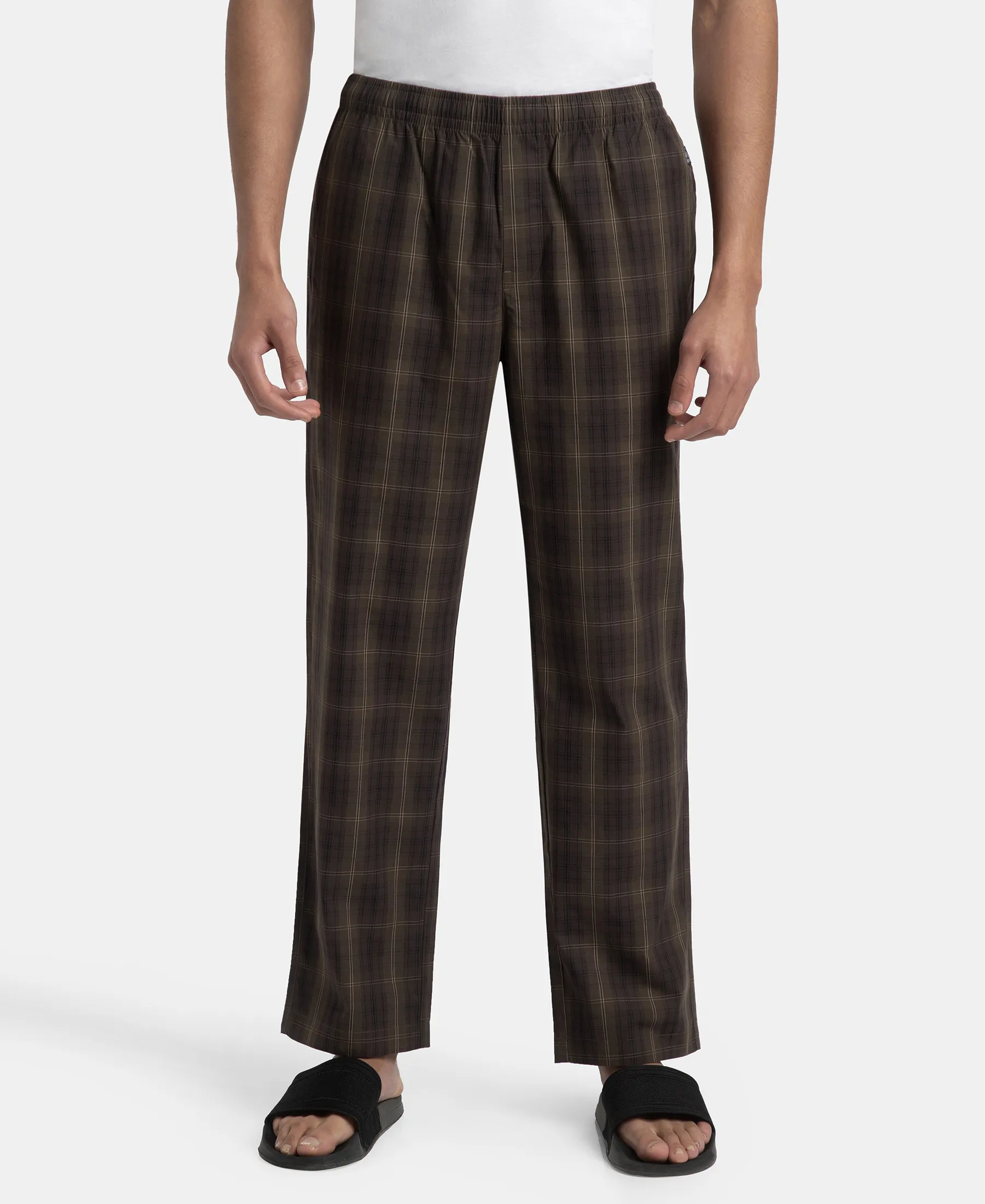 Super Combed Cotton Woven Fabric Regular Fit Checkered Pyjama with Side Pockets - Olive Black
