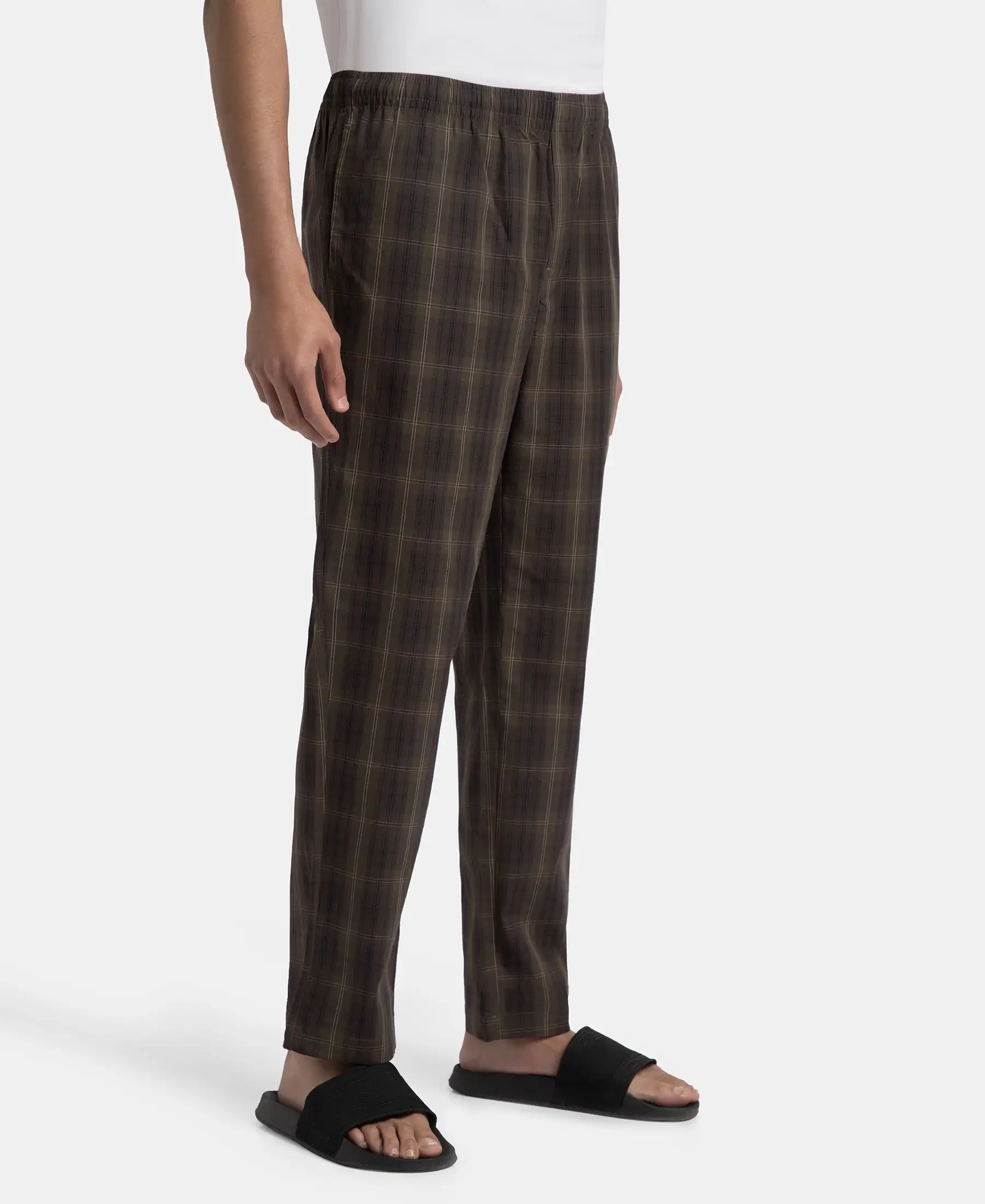 Super Combed Cotton Woven Fabric Regular Fit Checkered Pyjama with Side Pockets - Olive Black - Image 2