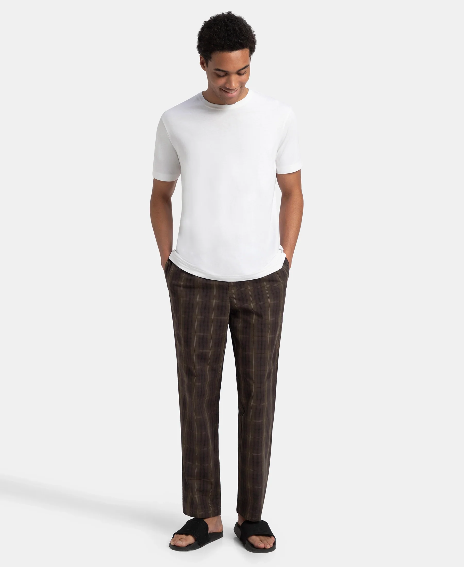 Super Combed Cotton Woven Fabric Regular Fit Checkered Pyjama with Side Pockets - Olive Black - Image 4