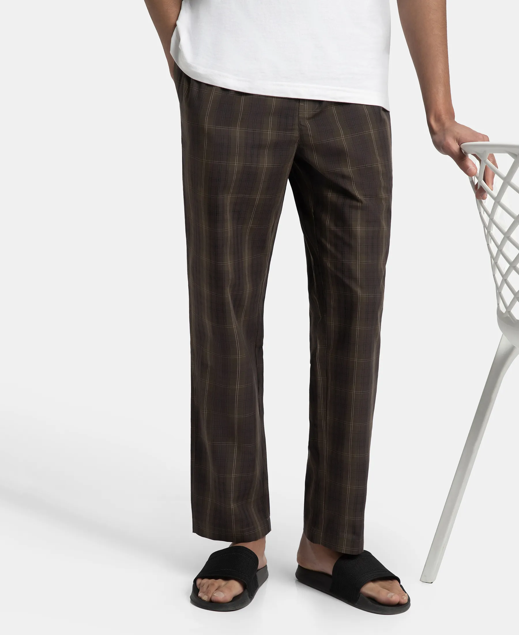 Super Combed Cotton Woven Fabric Regular Fit Checkered Pyjama with Side Pockets - Olive Black - Image 5