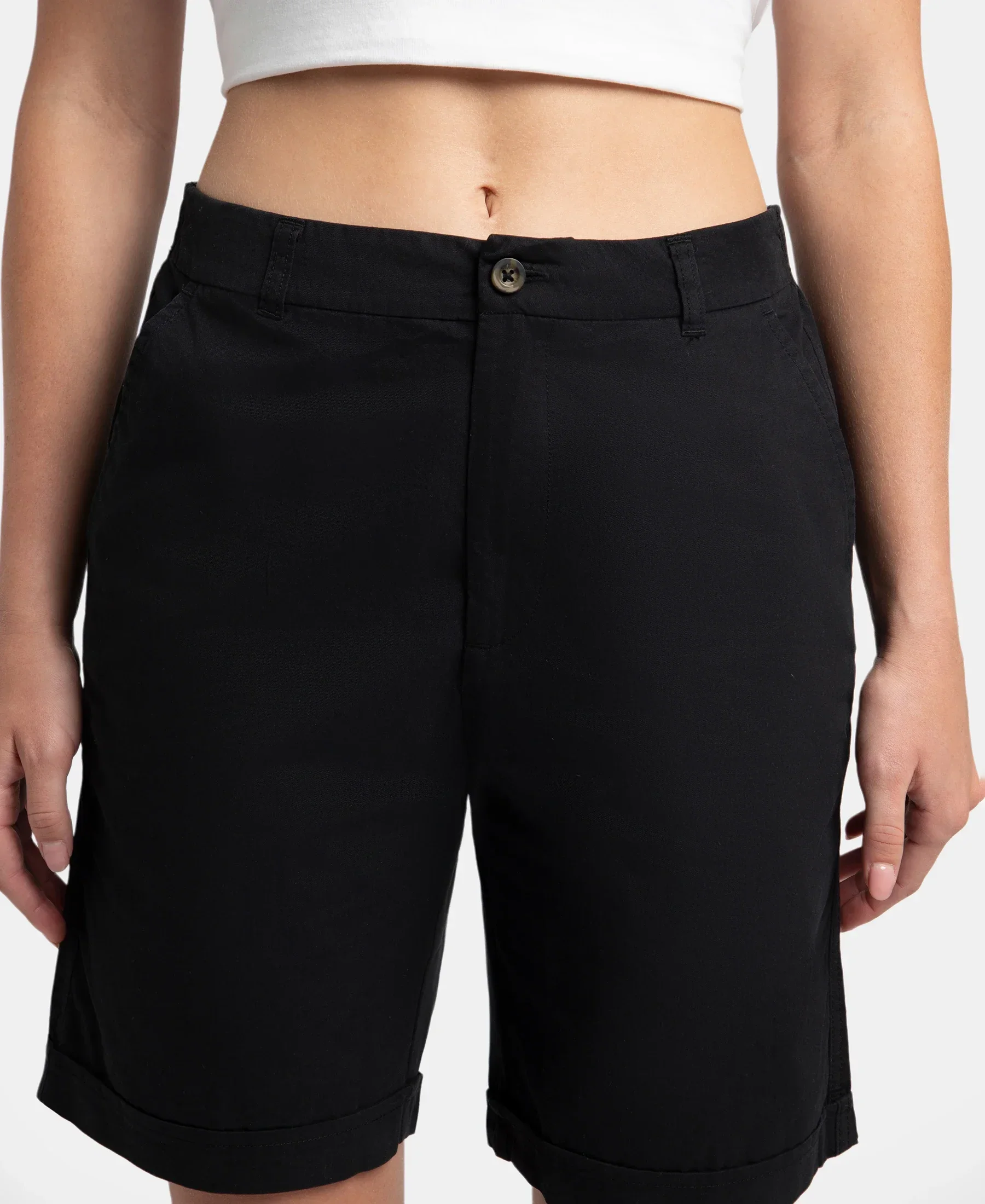 Super Combed Cotton Woven Twill Fabric Relaxed Fit Shorts with Convenient Side Pockets - Black - Image 7