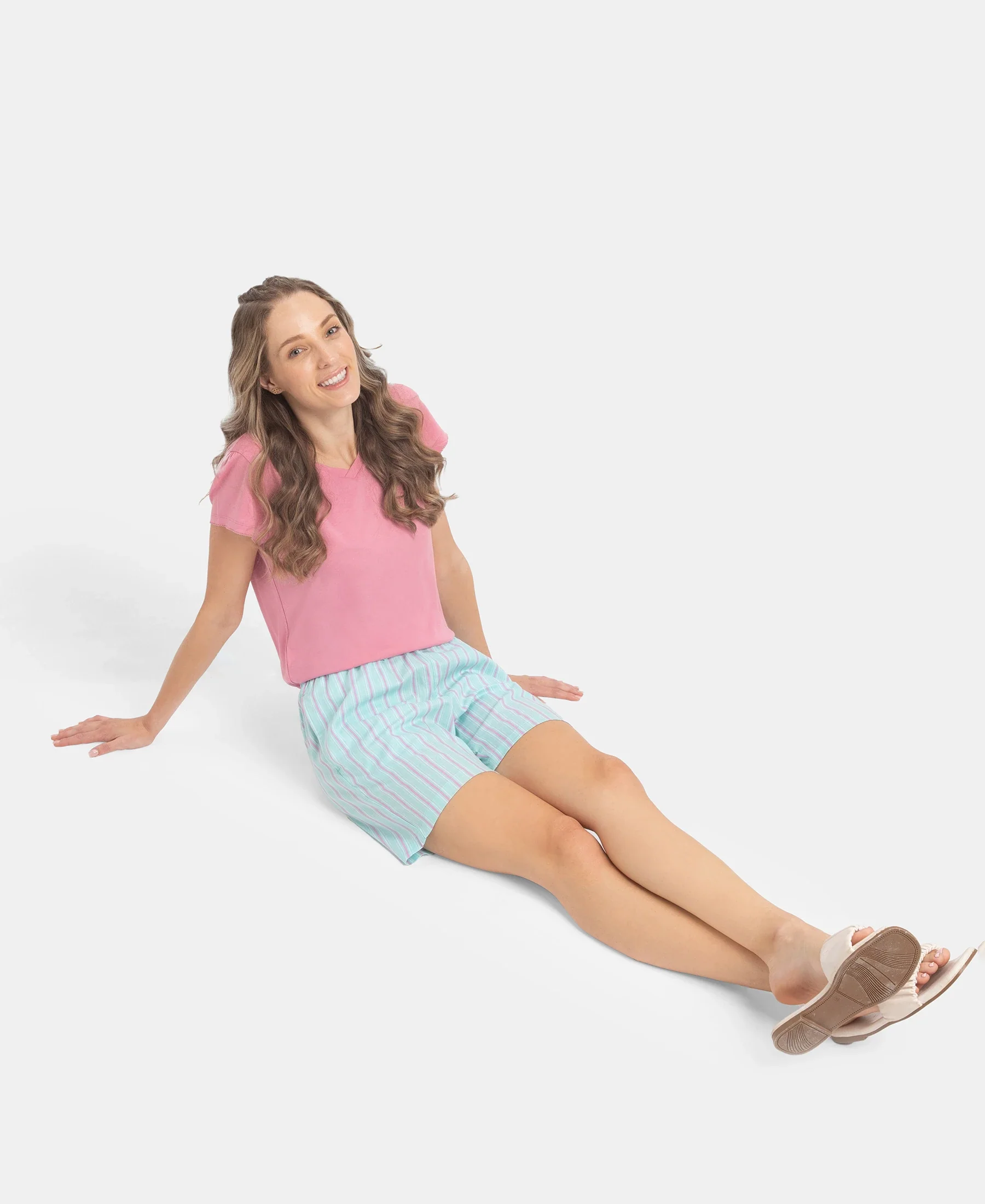 Super Combed Cotton Yarn Dyed Woven Relaxed Fit Striped Shorts with Side Pockets - Aqua Sky - Image 5
